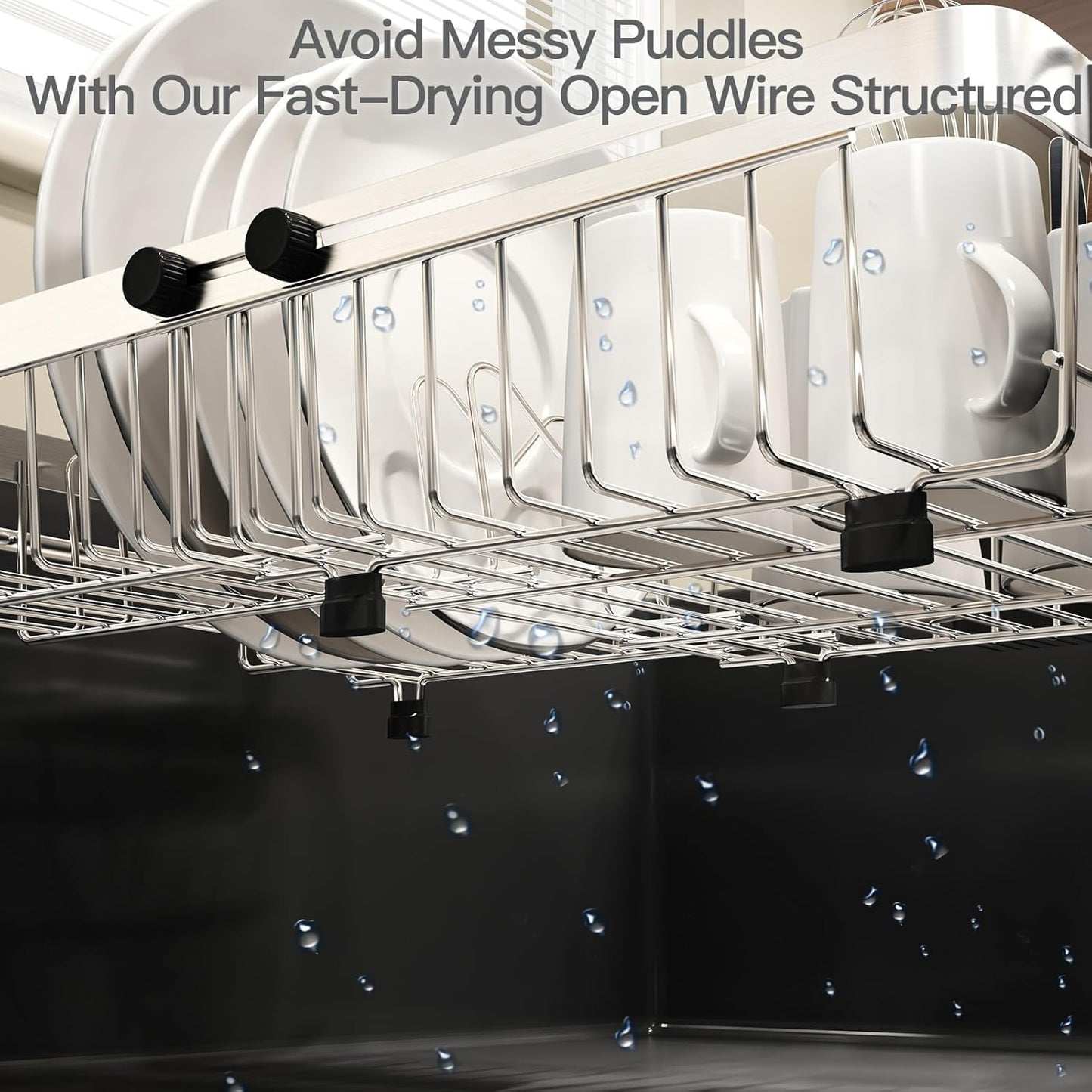 Dish Drying Rack Over The Sink, Expandable Stainless Steel Dish Drainer for Small Kitchen Counter Space Saving, RV Compact Plate Strainer In Silver Metal with Hanging Adjustable Utensil Holder