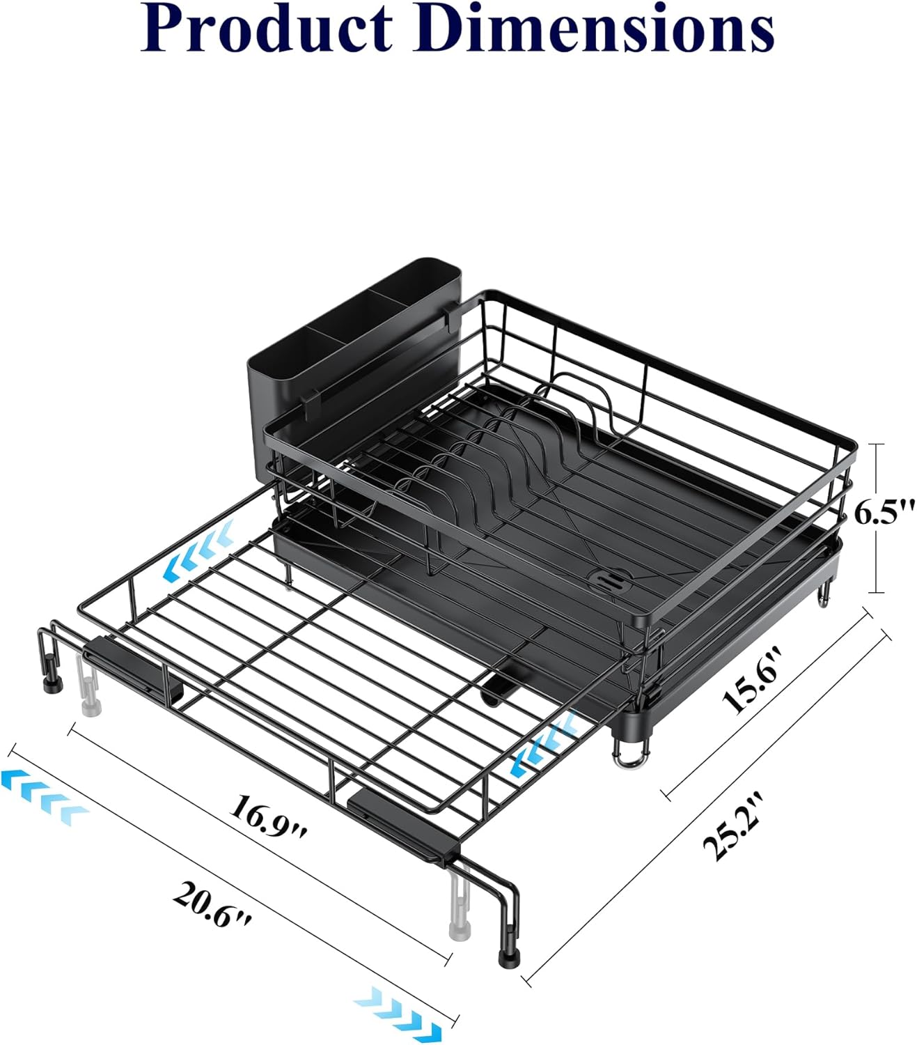 Extendable Dish Drying Rack - Rust-Resistant Dish Racks for Kitchen Counter with Adjustable Support Legs, Cutlery Holder & Removable Draining Tray (Black, 15.6''-25.2''L × 16.9''W × 8.1''H)