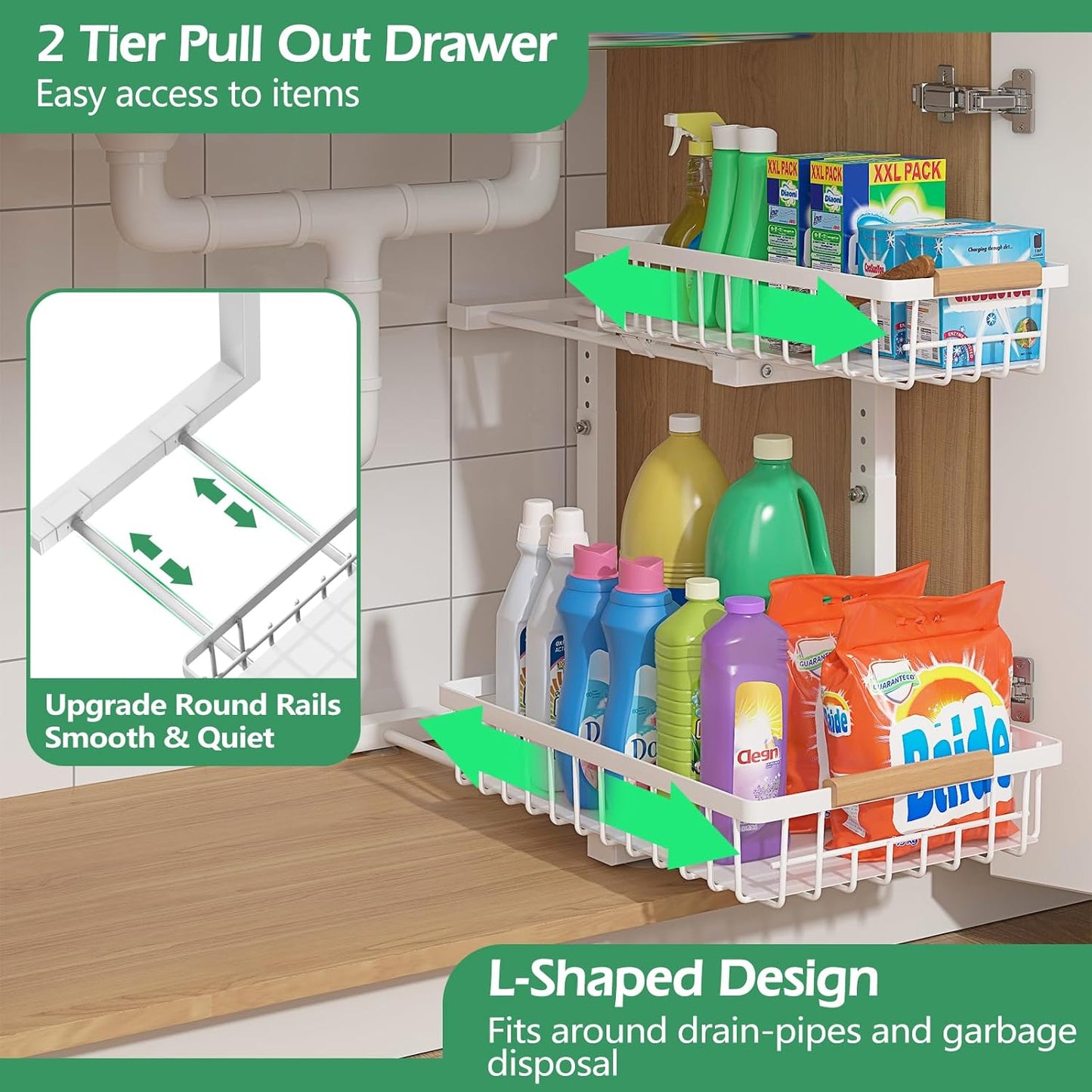 Under Sink Organizer 2 Packs, Pull Out Kitchen Sink Organizer