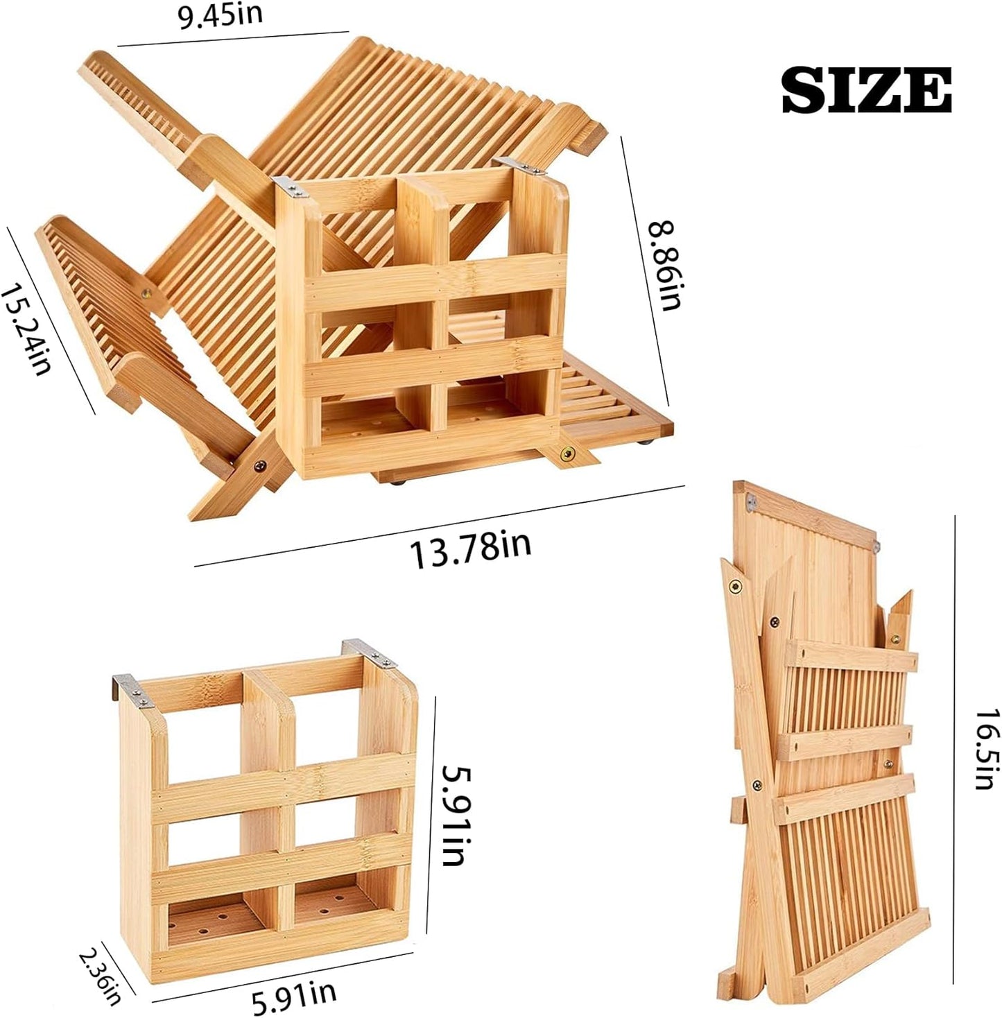 Bamboo Dish Drying Rack for Kitchen - Collapsible 3-Tier Wooden Folding Drainer with Utensil Holder and Dish Strainer Board for Countertop, Sink, and Racks Dryer (Natural)