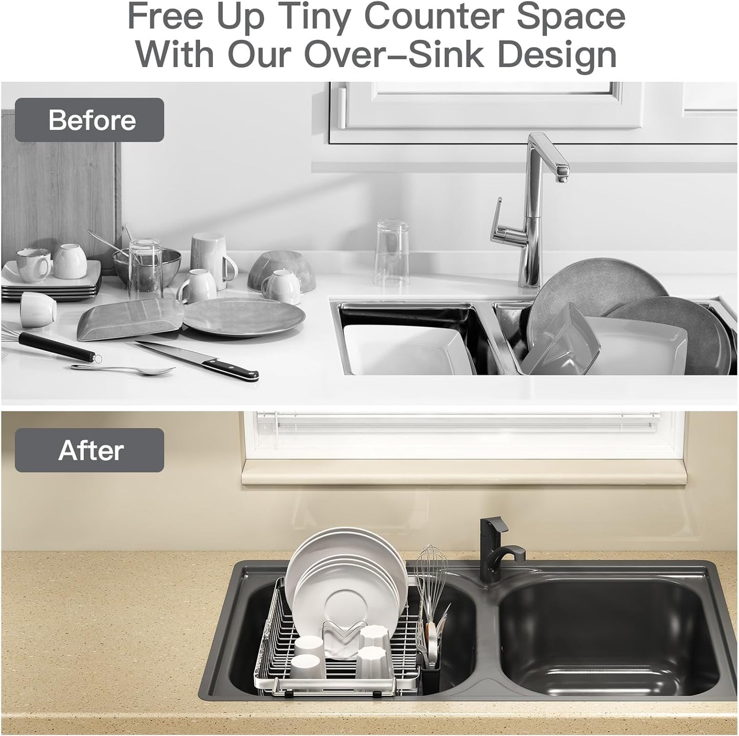Dish Drying Rack Over The Sink, Expandable Stainless Steel Dish Drainer for Small Kitchen Counter Space Saving, RV Compact Plate Strainer In Silver Metal with Hanging Adjustable Utensil Holder