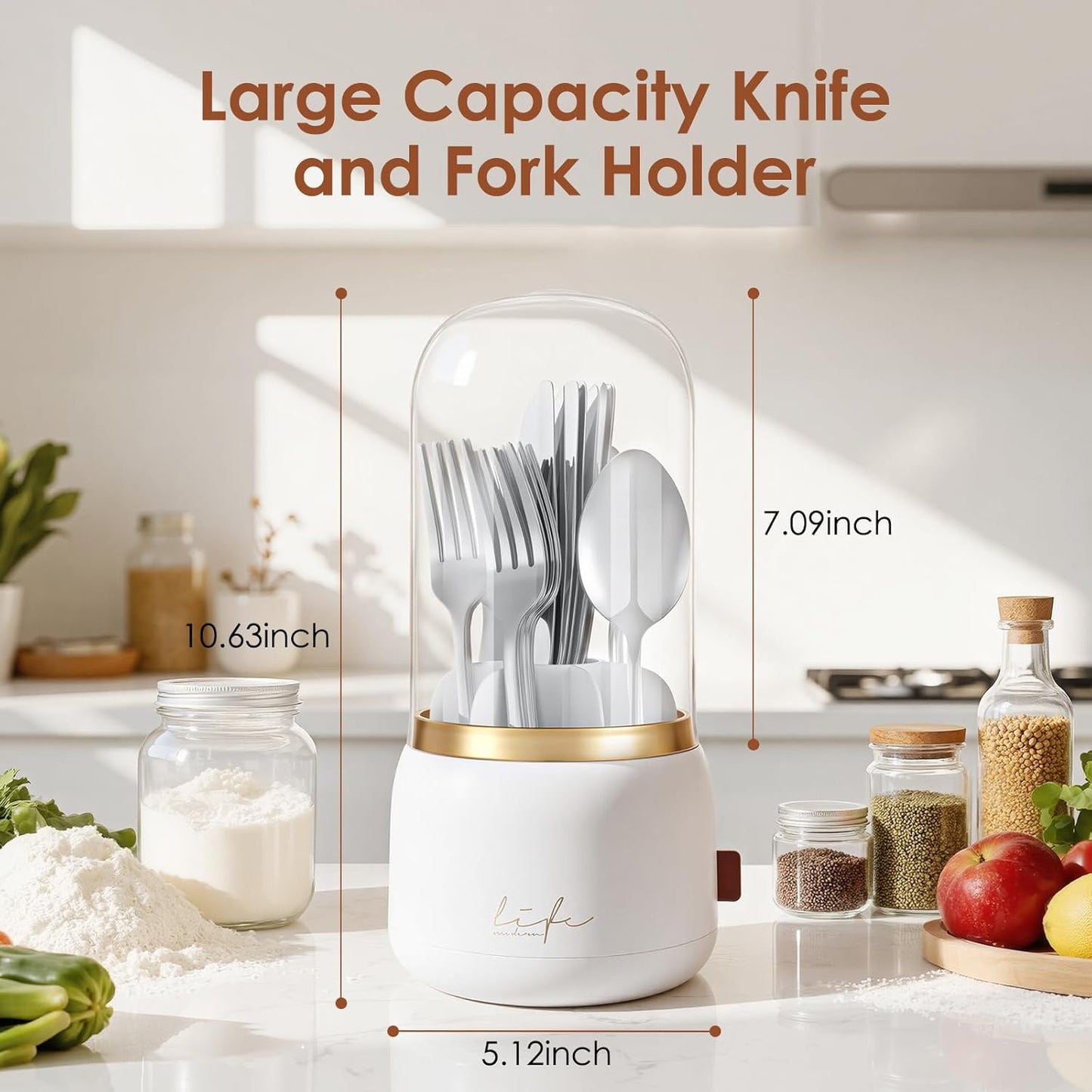 360° Rotation Silverware Organizer for Kitchen Counter,Utensil Holder Caddy Silverware Caddy Holder for Party,Spoon and Fork Organizer,7 Slots and Intermediate Drainage Device with Cover
