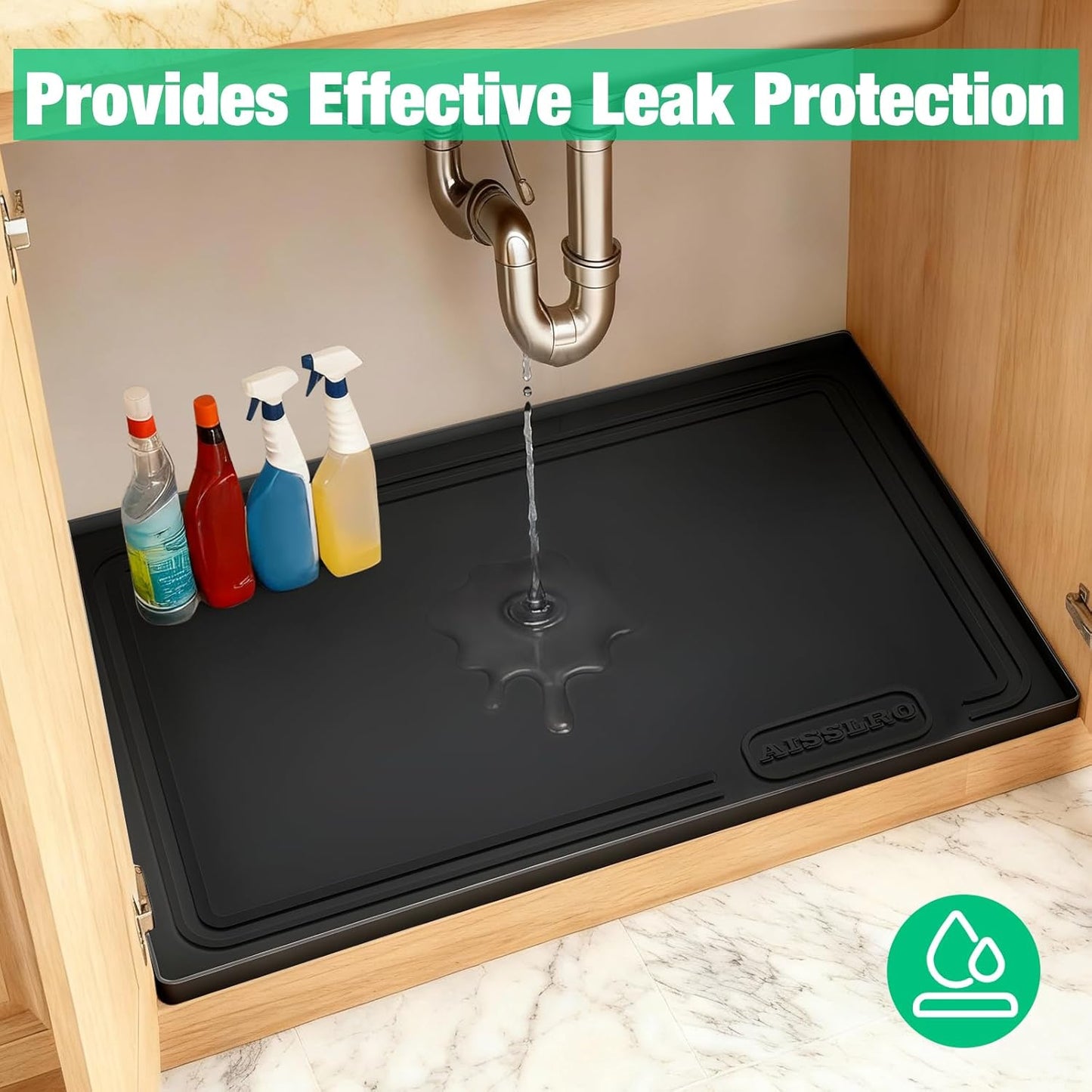 Under Sink Mat 34" X 22", Waterproof Silicone Cabinet Organizer Protector with Raised Edge