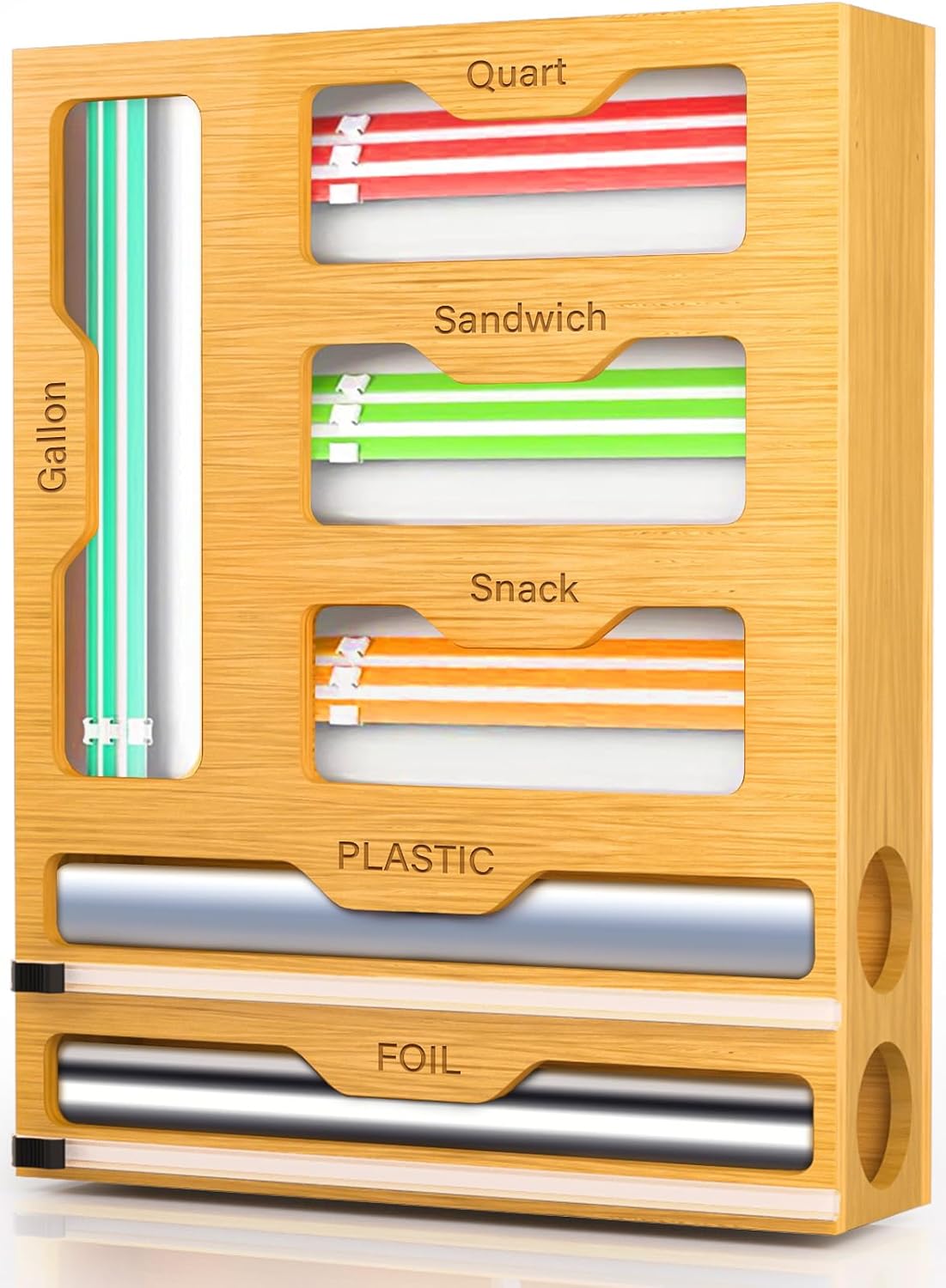 Bag Organizer and Plastic Wrap Dispenser with Cutter