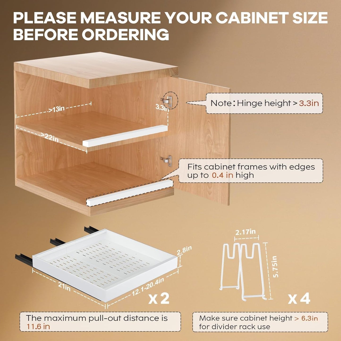 2 Pack Pull out Cabinet Organizer 21"Deep With Raising Pad for Framed Cabinets