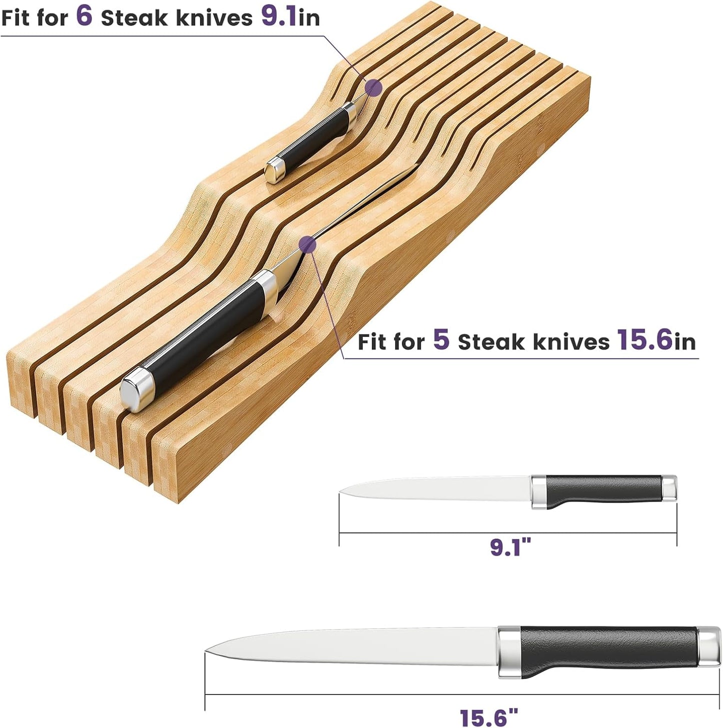 Bamboo In-Drawer Knife Block for 11 Knives(Not Included)