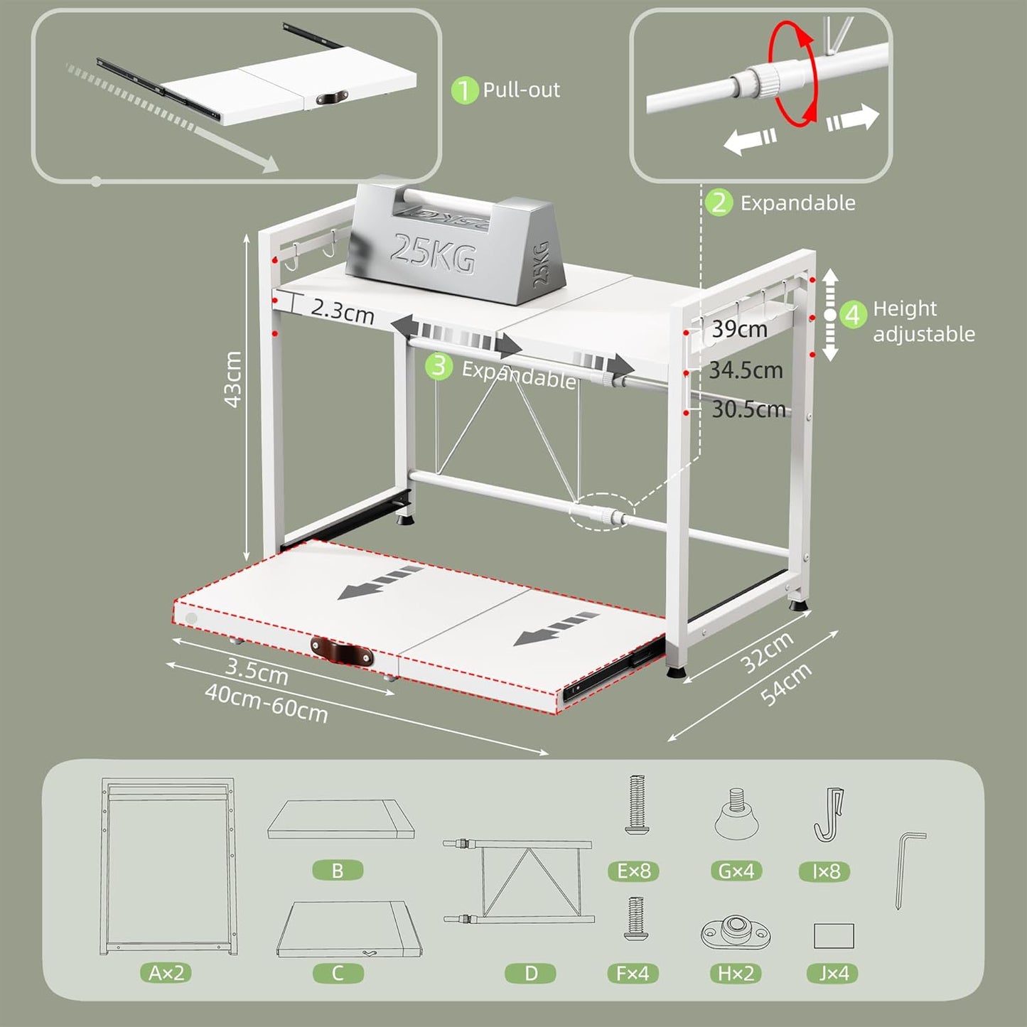 NETEL Expandable Microwave Stand,2 Tier Metal Kitchen Countertop Organizer Shelves with 8 Hooks,Bakers Rack,Pull-Out Microwave Shelf,Metal Storage Shelves,55lbs Weight Capacity,White