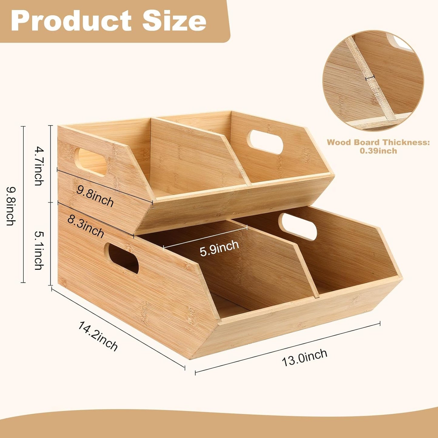 2 Set Pantry Organizers and Storage Bins, Bamboo Stackable Baskets for Potatoes, Onion, Bread