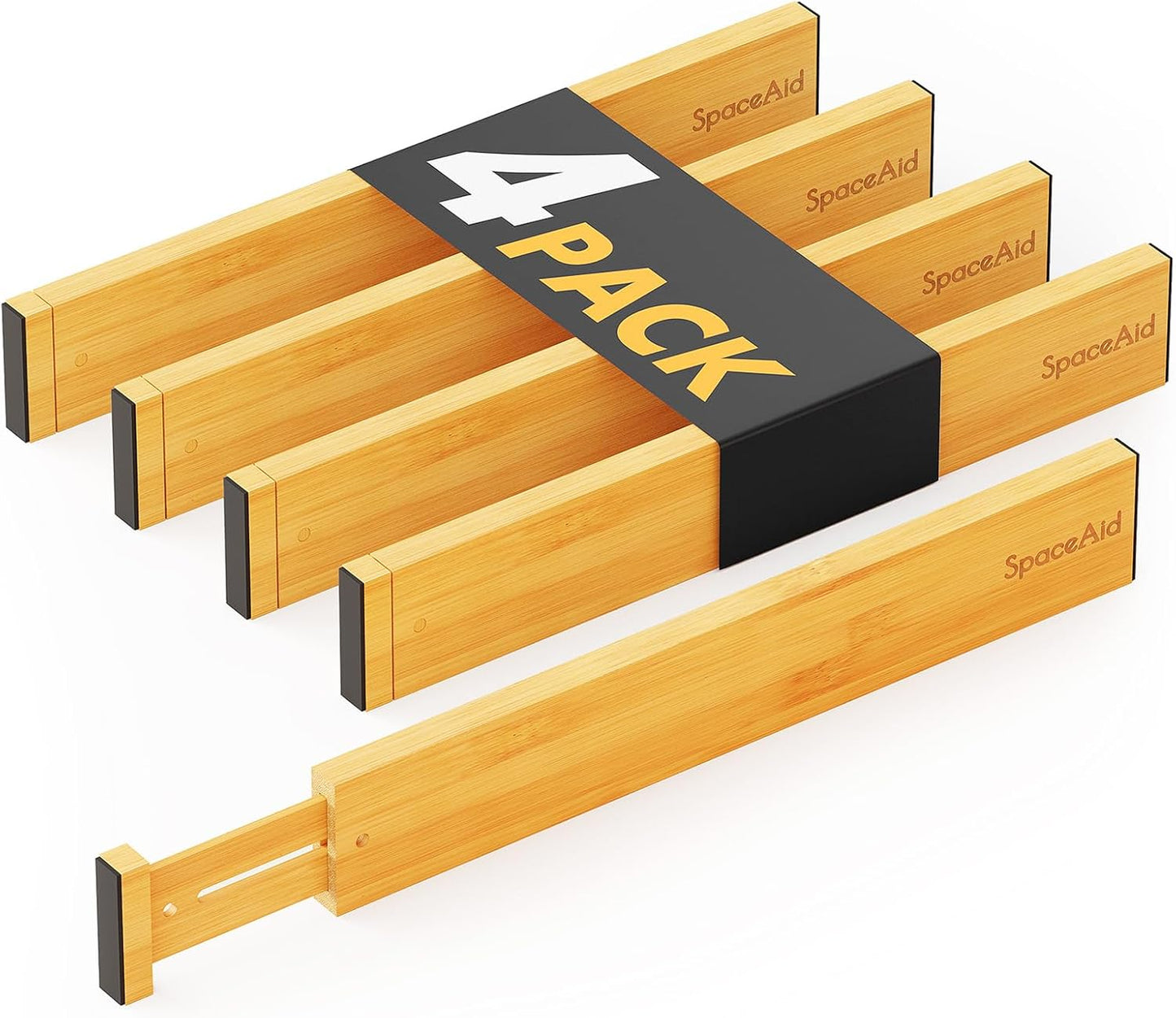 4 Pack Bamboo Drawer Dividers with Labels, Kitchen Adjustable Drawer Organizers