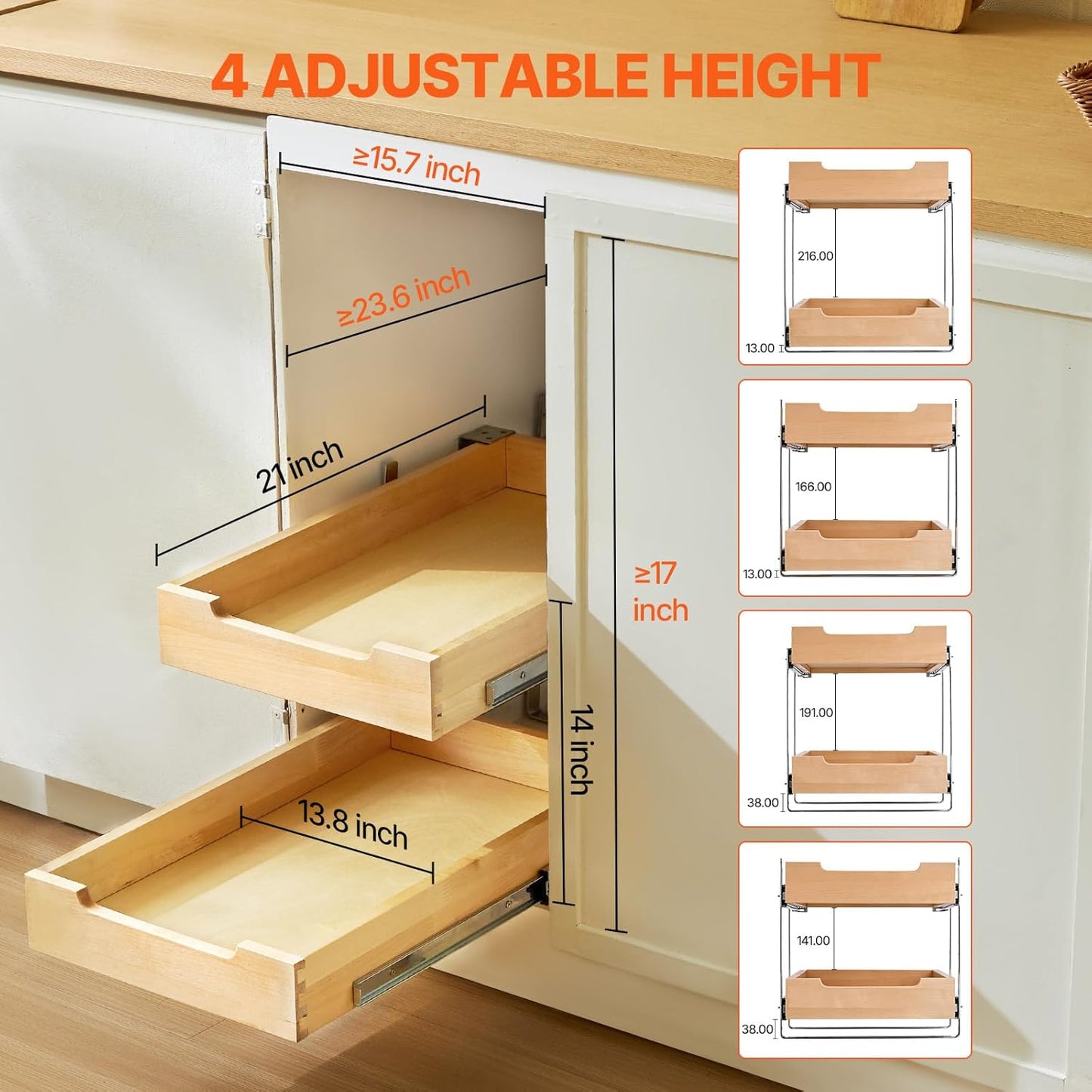 2 Tier Pull Out Cabinet Organizer, 14" W x 21" D Cabinet Drawer, Soft Close Slide out Shelf