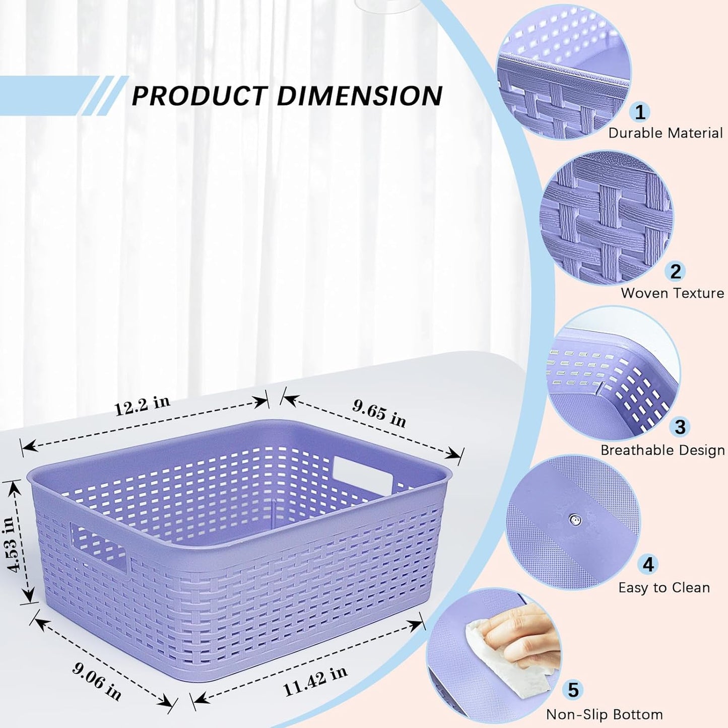 Plastic Storage Baskets for Cabinets, Household Pantry Organization with Handle,Organizer Bins for Room,Bathrooms,Under-Sink,Kitchen (Purple, M-3PACK)