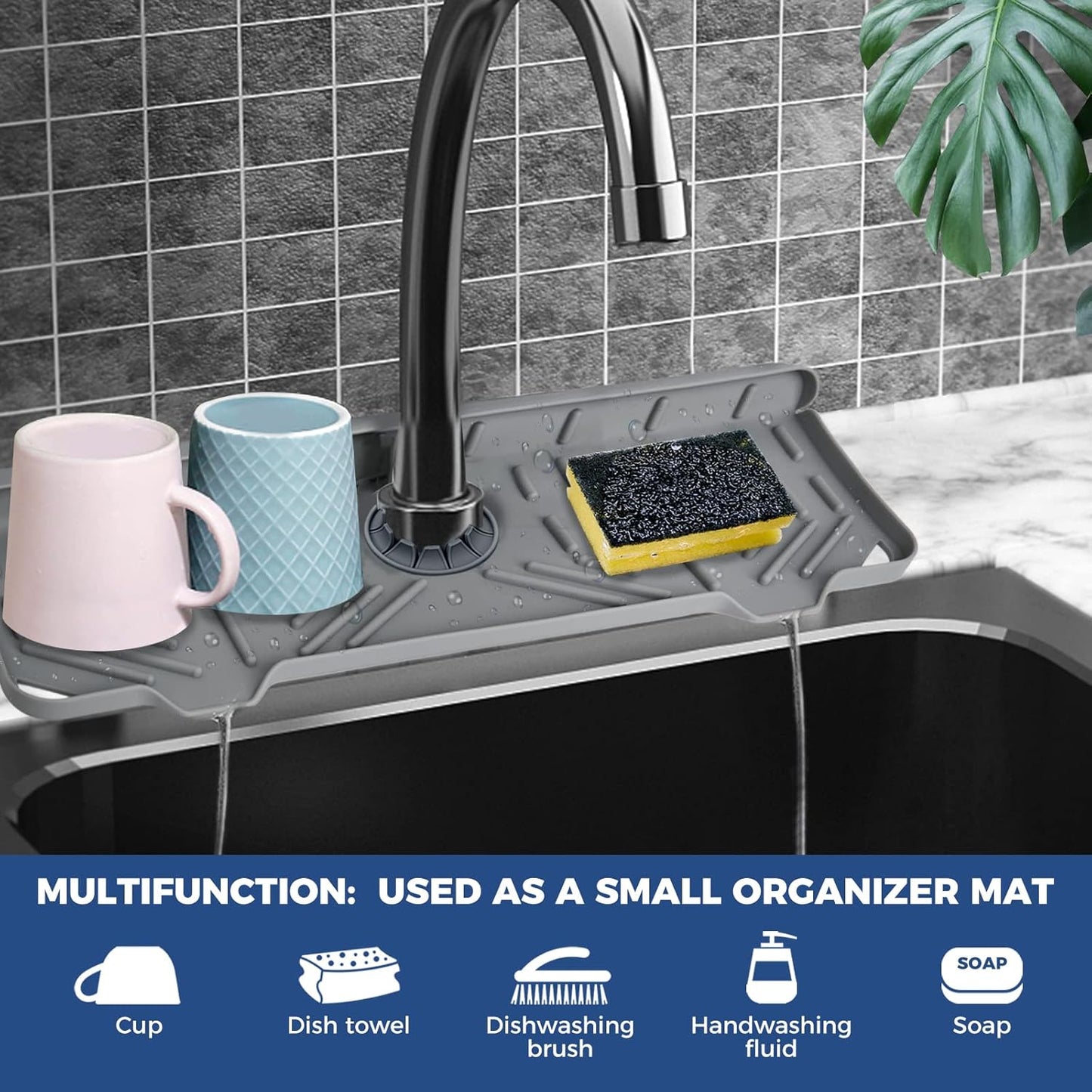 Silicone Faucet Handle Drip Catcher Drying Tray Mat Dish Soap Sponge Holder Accessories Gadgets for Kitchen Counter Bathroom Kitchen Sink Splash Guard -Grey