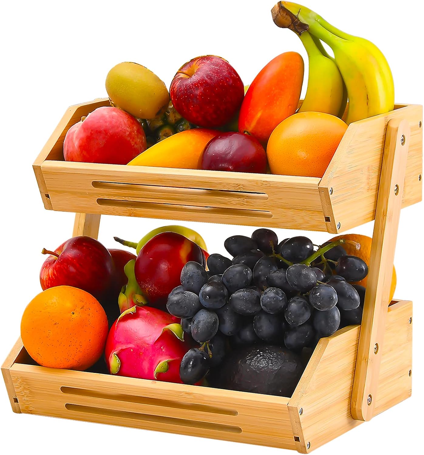 Fruit Basket, 2 Tier Bamboo Fruit Basket for Kitchen, 11" Tall Fruit Stand Storage Holder