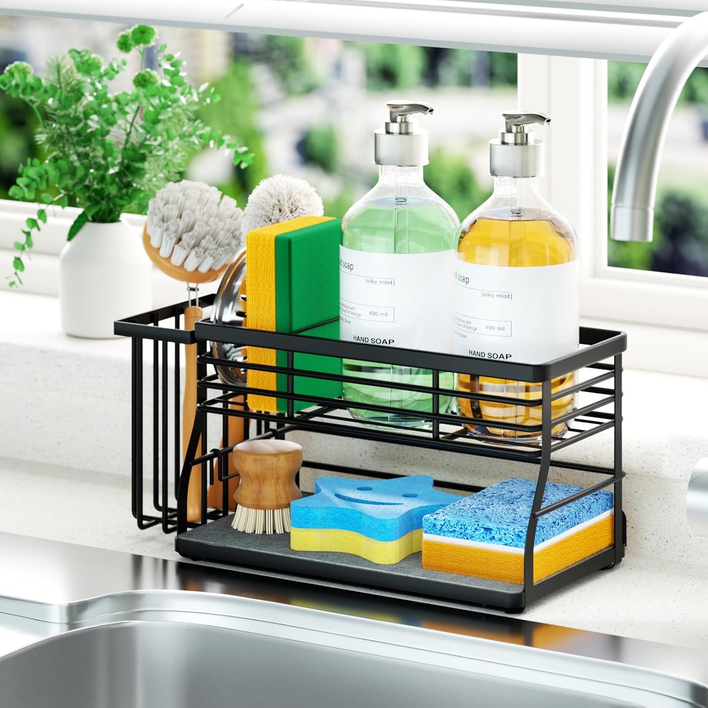 Sponge Holder for Kitchen Sink - 2 Tier Rustproof Sink Caddy with Instant Drying Stone