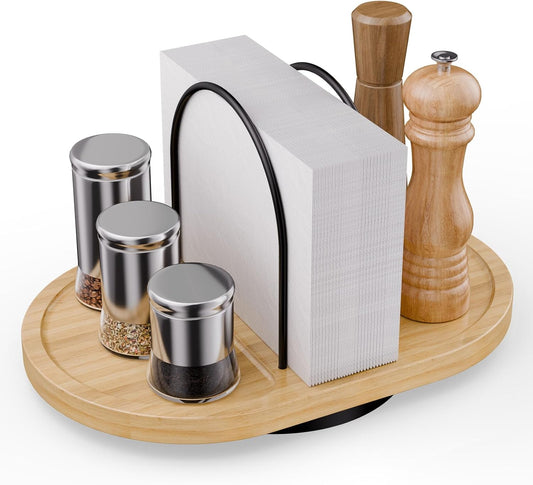 Rotating Napkin Holder for Table with Built-In Space for Salt and Pepper Shakers
