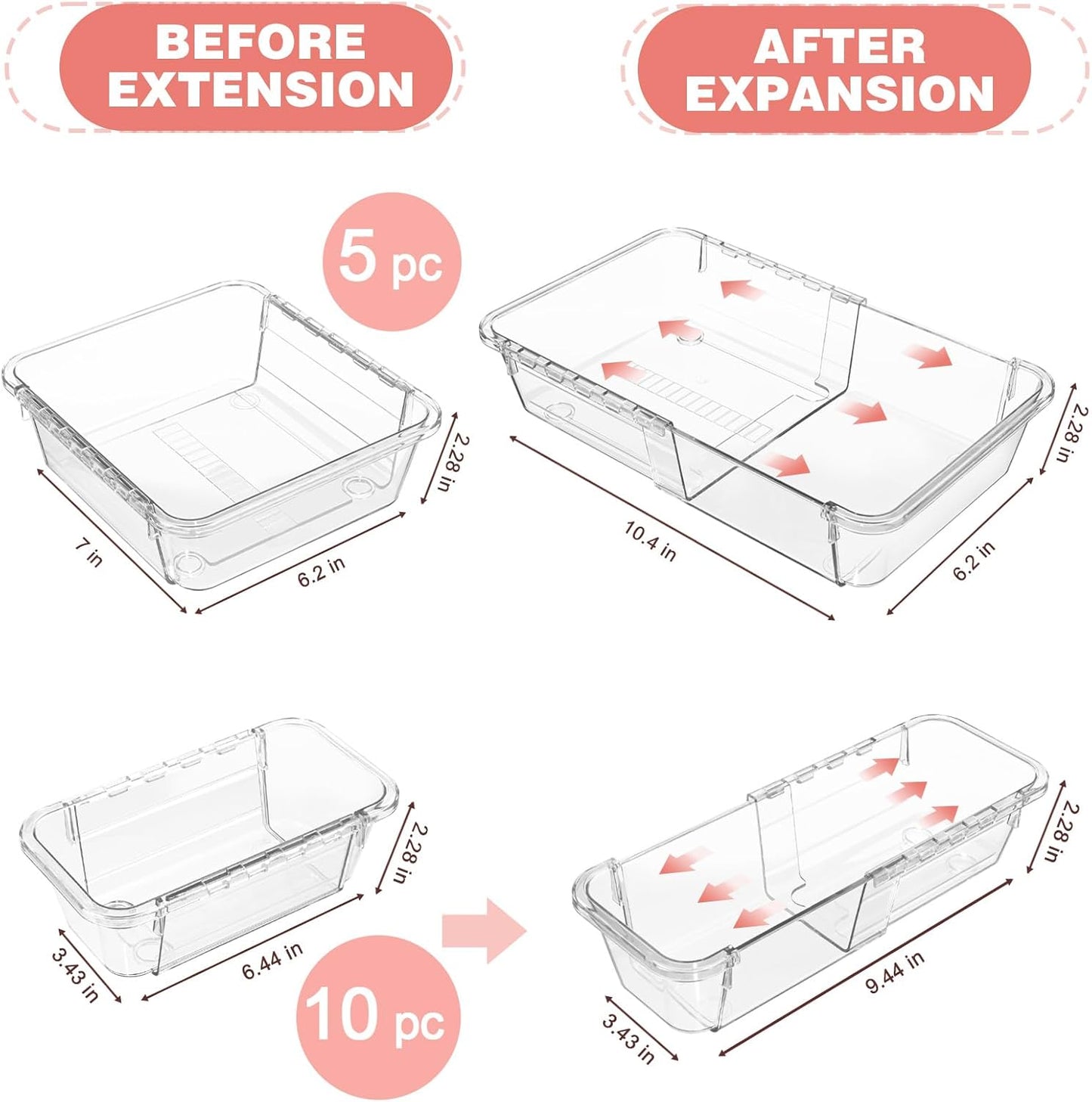 15 Pcs Extendable Clear Drawer Organizer, All Adjustable Vanity Storage Box