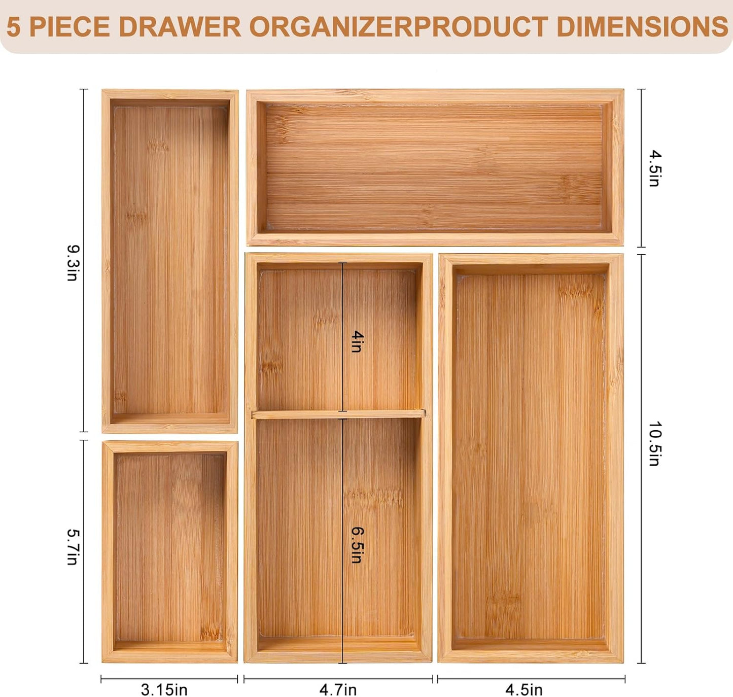 Bamboo Drawer Organizer 5 Pcs for Kitchen Multi-purpose Storage Dividers for Kitchen, Office