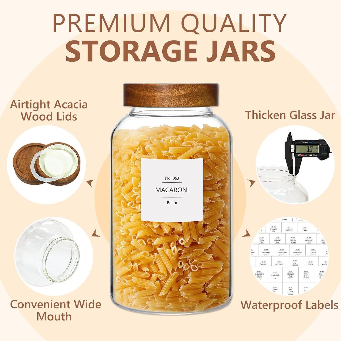 88oz Large Glass Jars with Airtight Acacia Wood Lids, Set of 3 Food Storage Containers for Flour