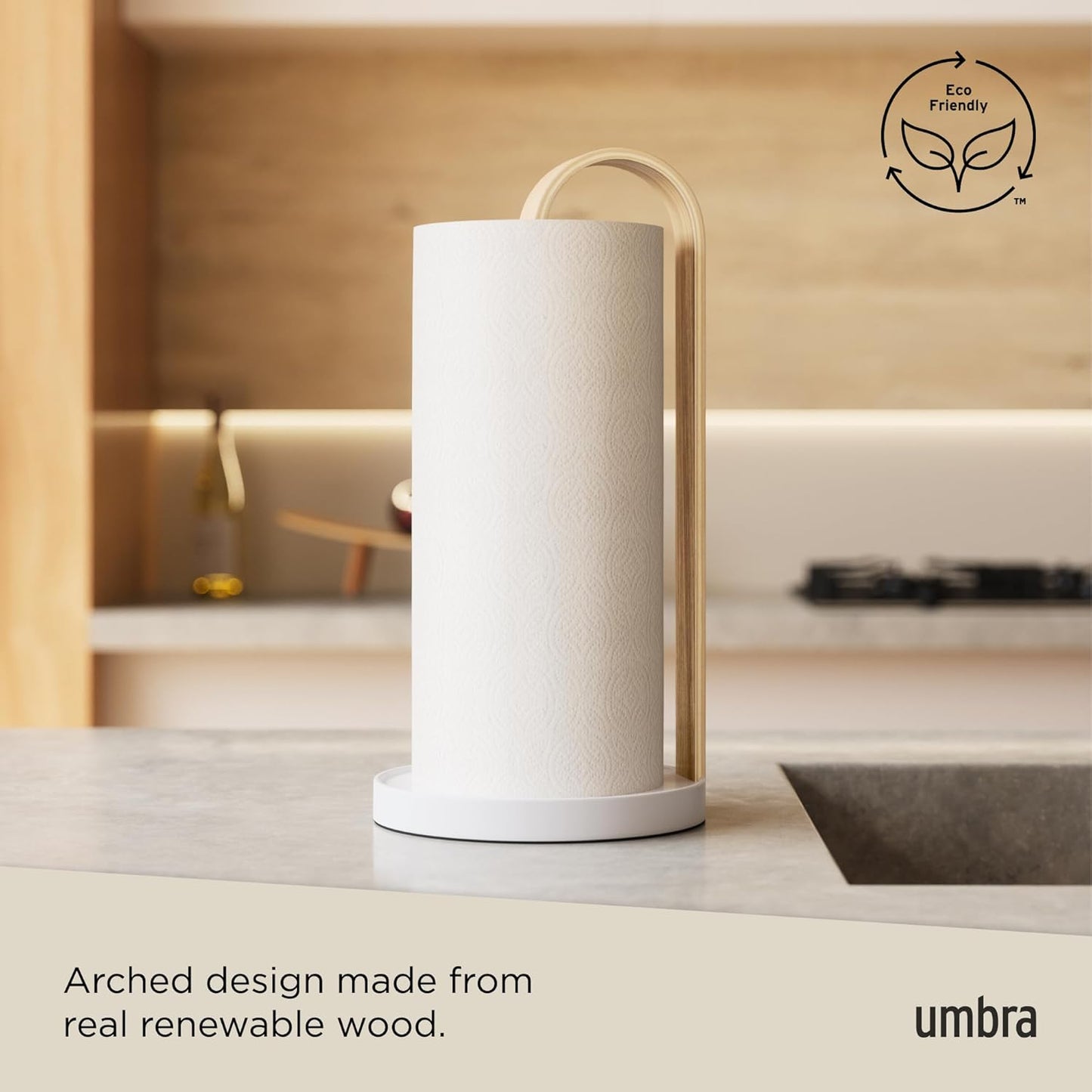 Bellwood Paper Towel Holder for Kitchen Countertop, with Real Wood Stand and Weighted Metal Base