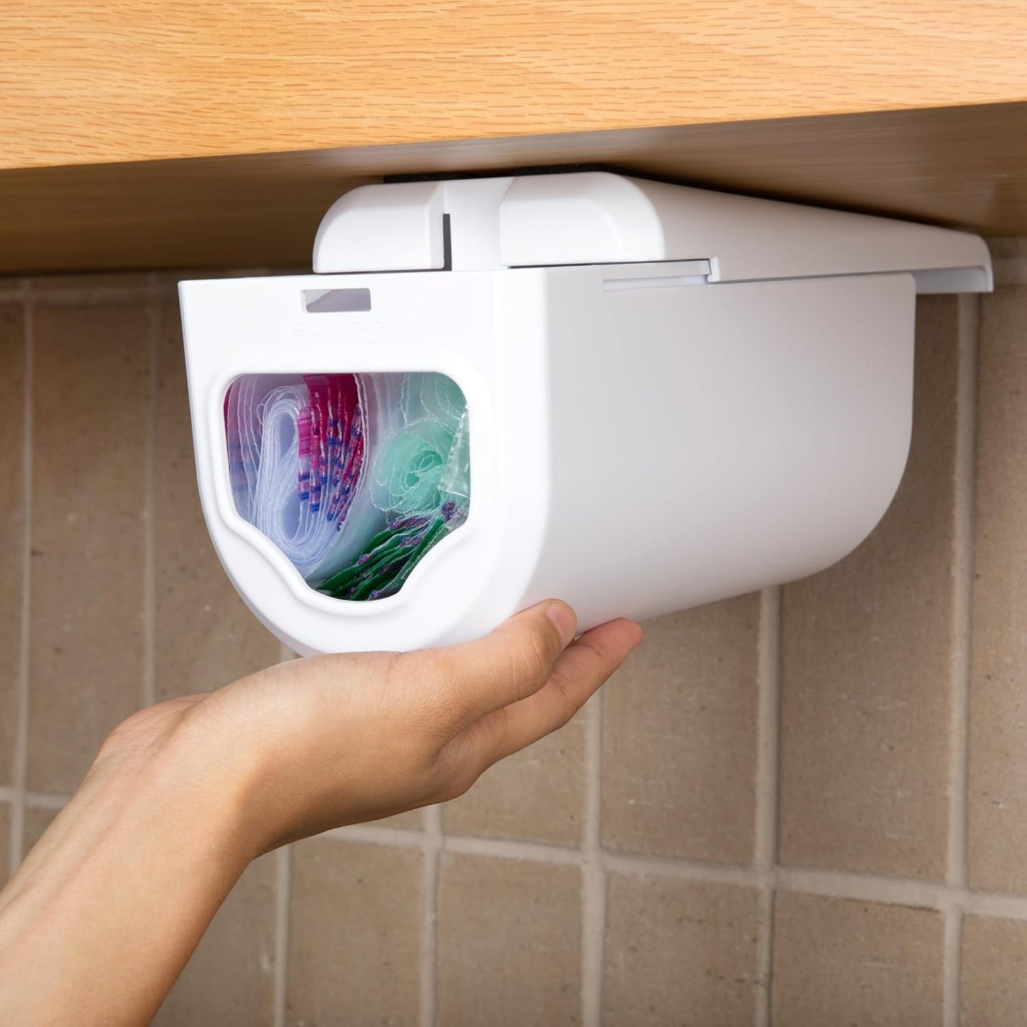 Dispenser for Bags size Quart, Sandwich, and Snack Bags | Under-Cabinet or Shelf Mount | Easy Front-Access Bag Dispensing | Kitchen Organization and Storage Solution