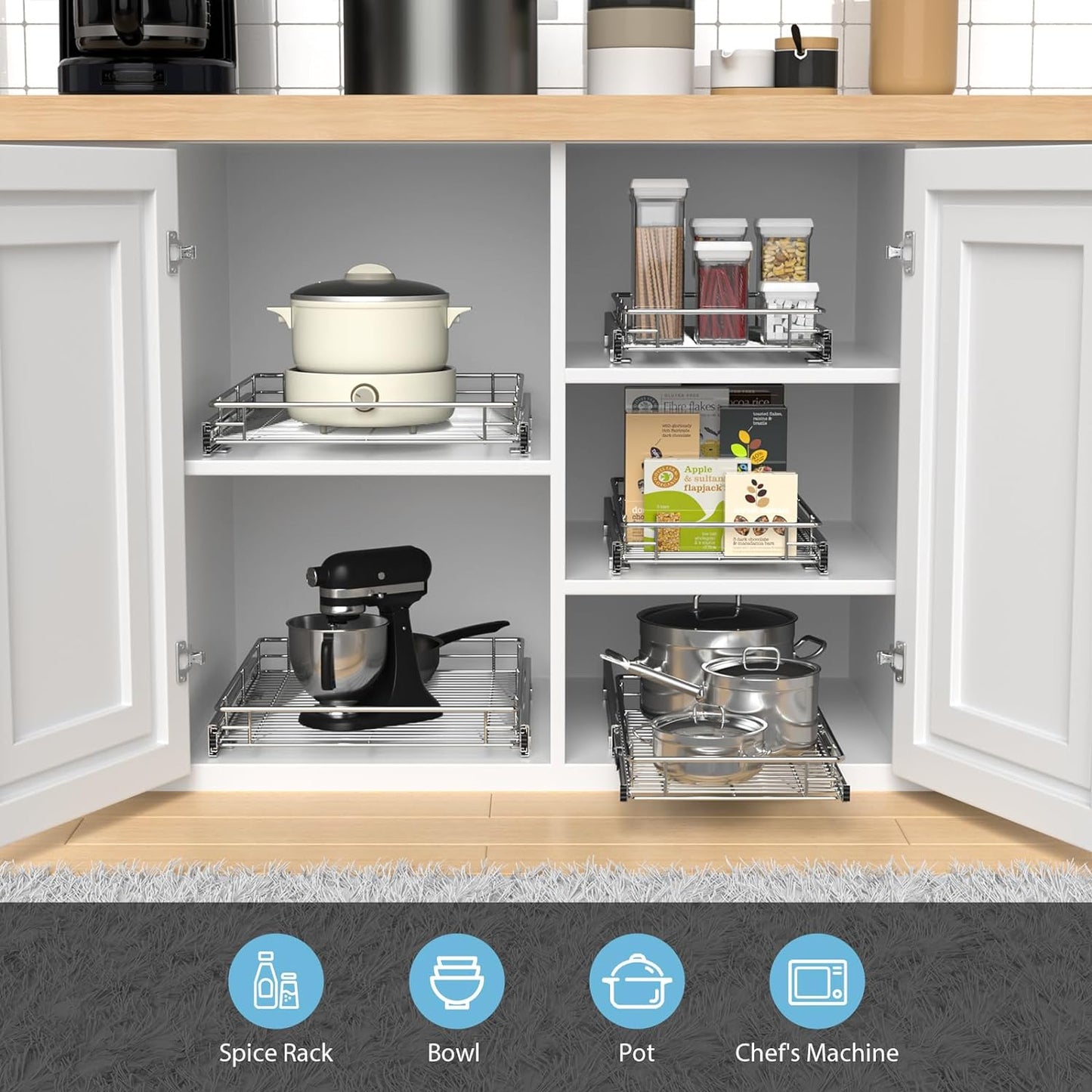 Pull Out Cabinet Organizer, Versatile Slide Out Kitchen Organizers and Storage,Heavy Duty Drawer Cupboard Storage Basket, Smooth Sliding, Chrome Finish,17.8" W x 21" D