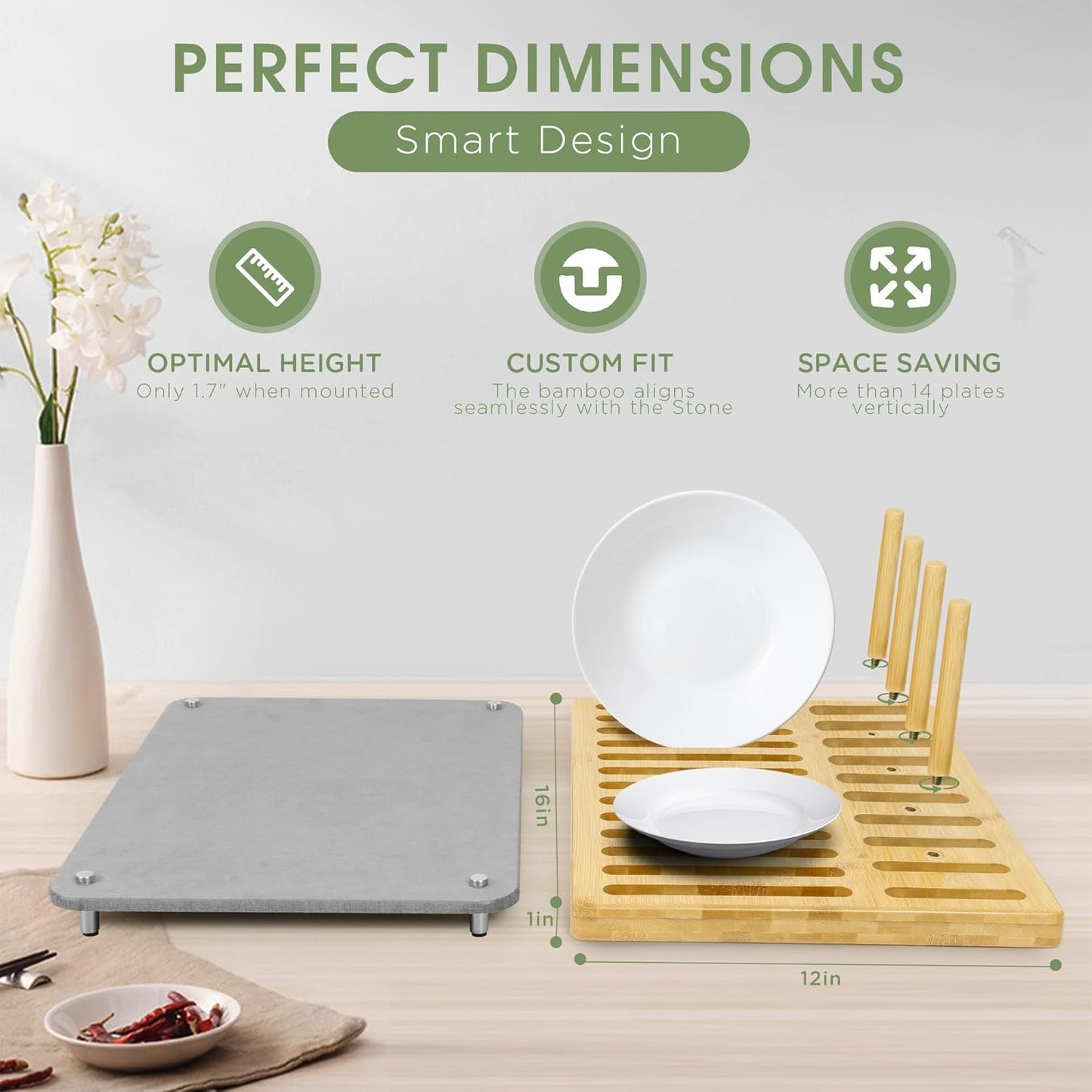 Stone Drying Mat for Kitchen Counter, Quick Dry Ultra Absorbent Dish Drying Mat with Bamboo Rack