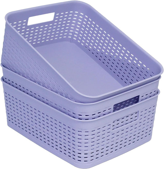 Plastic Storage Baskets for Cabinets, Household Pantry Organization with Handle,Organizer Bins for Room,Bathrooms,Under-Sink,Kitchen (Purple, M-3PACK)