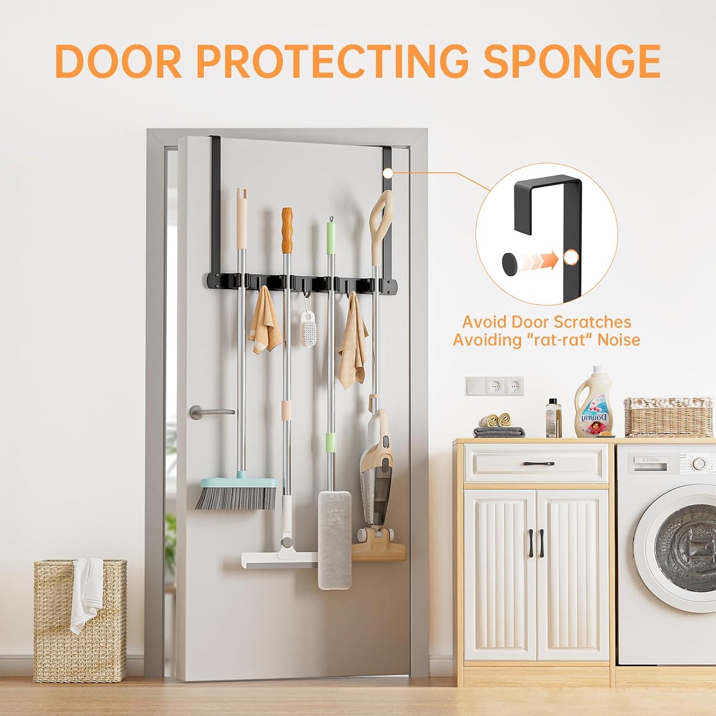 Broom Holder Over The Door - 304 Stainless Steel Mop and Broom Holder Wall Mounted or Hanging Over The Door with Hooks - Broom Hanger, Broom Storage Tool Organizer for Garage Closet Laundry