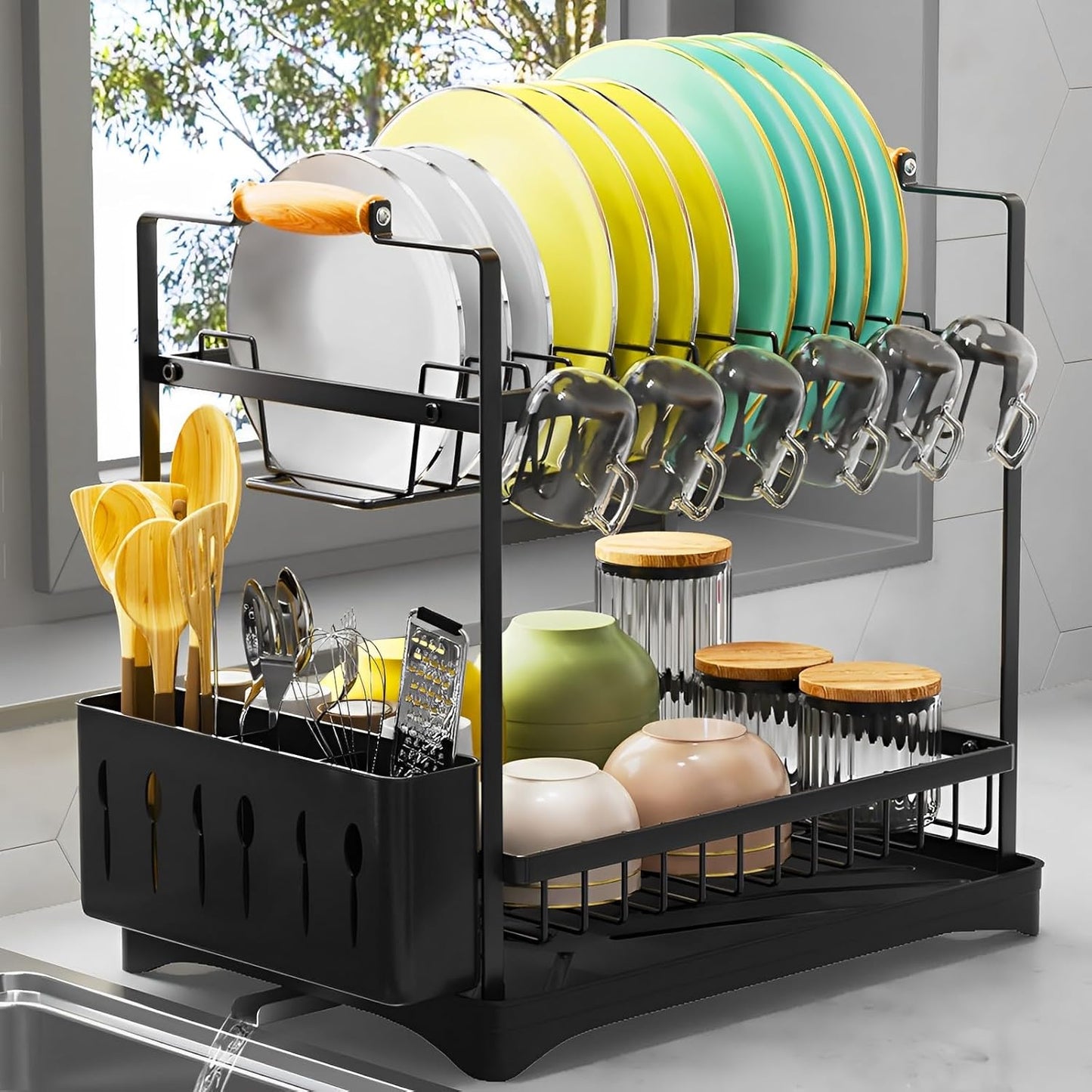 2-Tier Large Dish Drying Rack for Kitchen Counter with Drainboard and Cutlery Holder