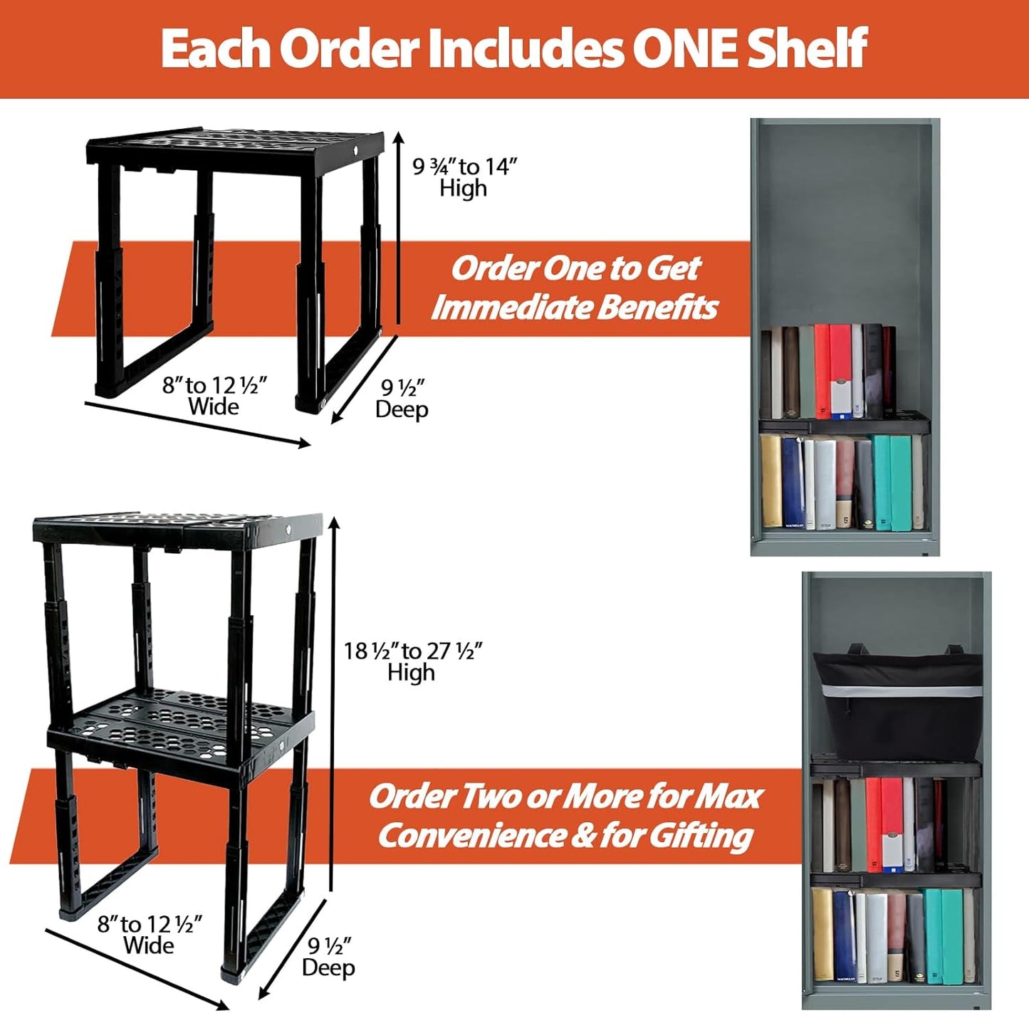 Locker Organizer Shelf， Adjustable Width and Height, Stackable, Ideal Locker Shelf for School