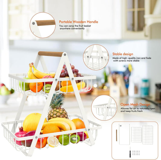 mahueeol 2 Tier White Metal Fruit Basket with Wooden Handles, Detachable, 11.8 x 7 x 12.6 in
