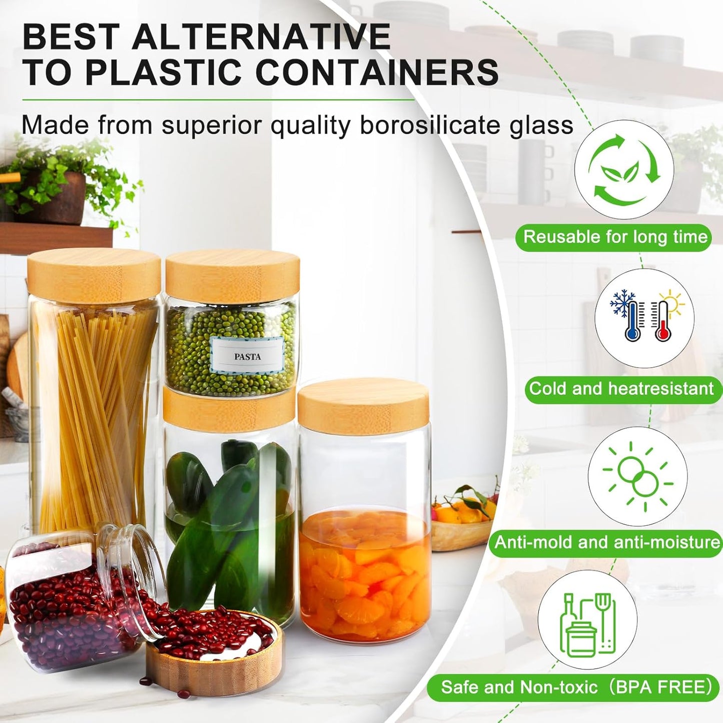 Airtight Glass Jar with Lid, Glass Storage Containers with Screw On Bamboo Lids, for Cookie, Pasta