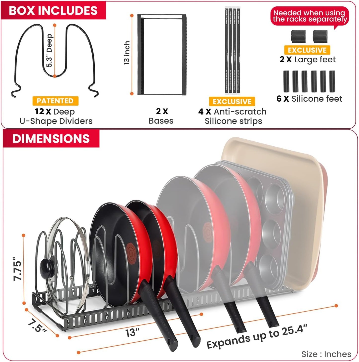 7.5” Wide 12-Slot Adjustable Large Pan and Pot Lid Organizer with Scratch-Free Pads