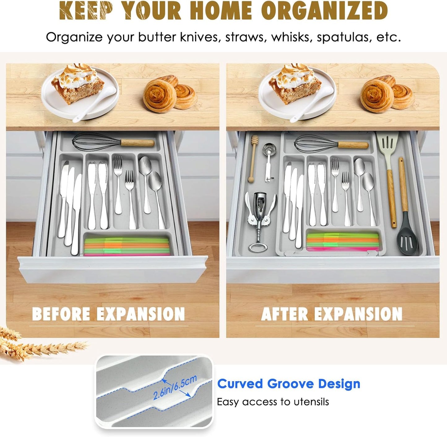 Silverware Organizer for Kitchen Drawers, Wheat Straw Large Expandable Utensil Drawer Organizer