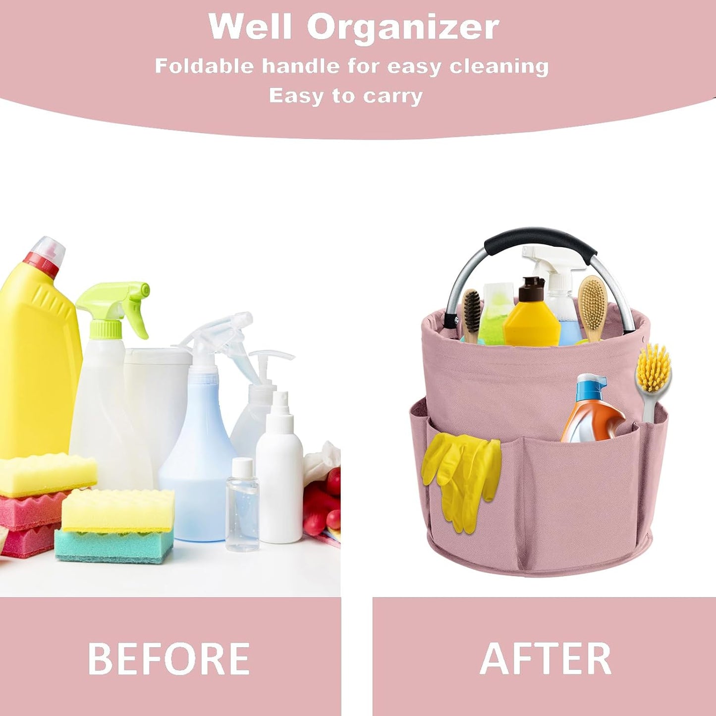 17L Cleaning Caddy with Handle, Cleaning Supplies Organizer, Foldable Storage Basket