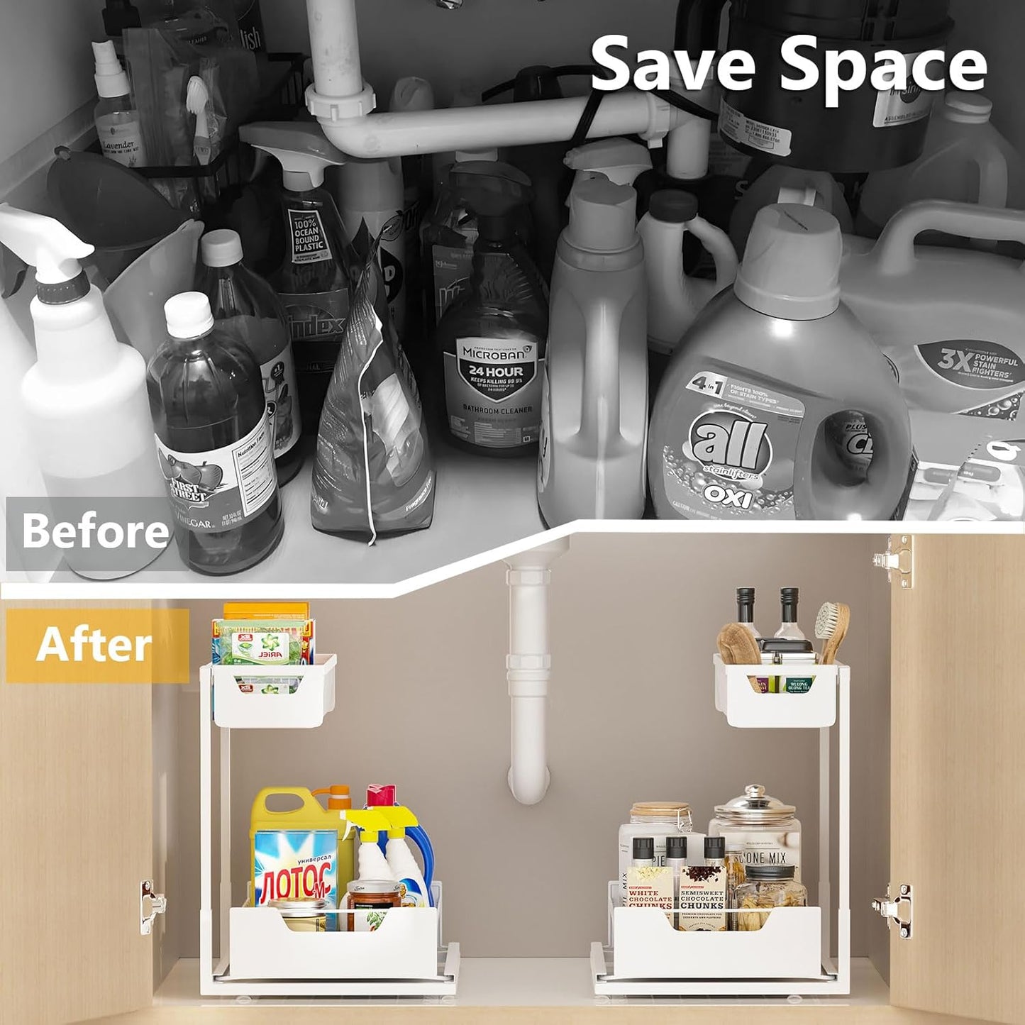 Under Kitchen Sink Organizers and Storage Pull Out 2 Tier Metal Bathroom Cabinet Organizer (White