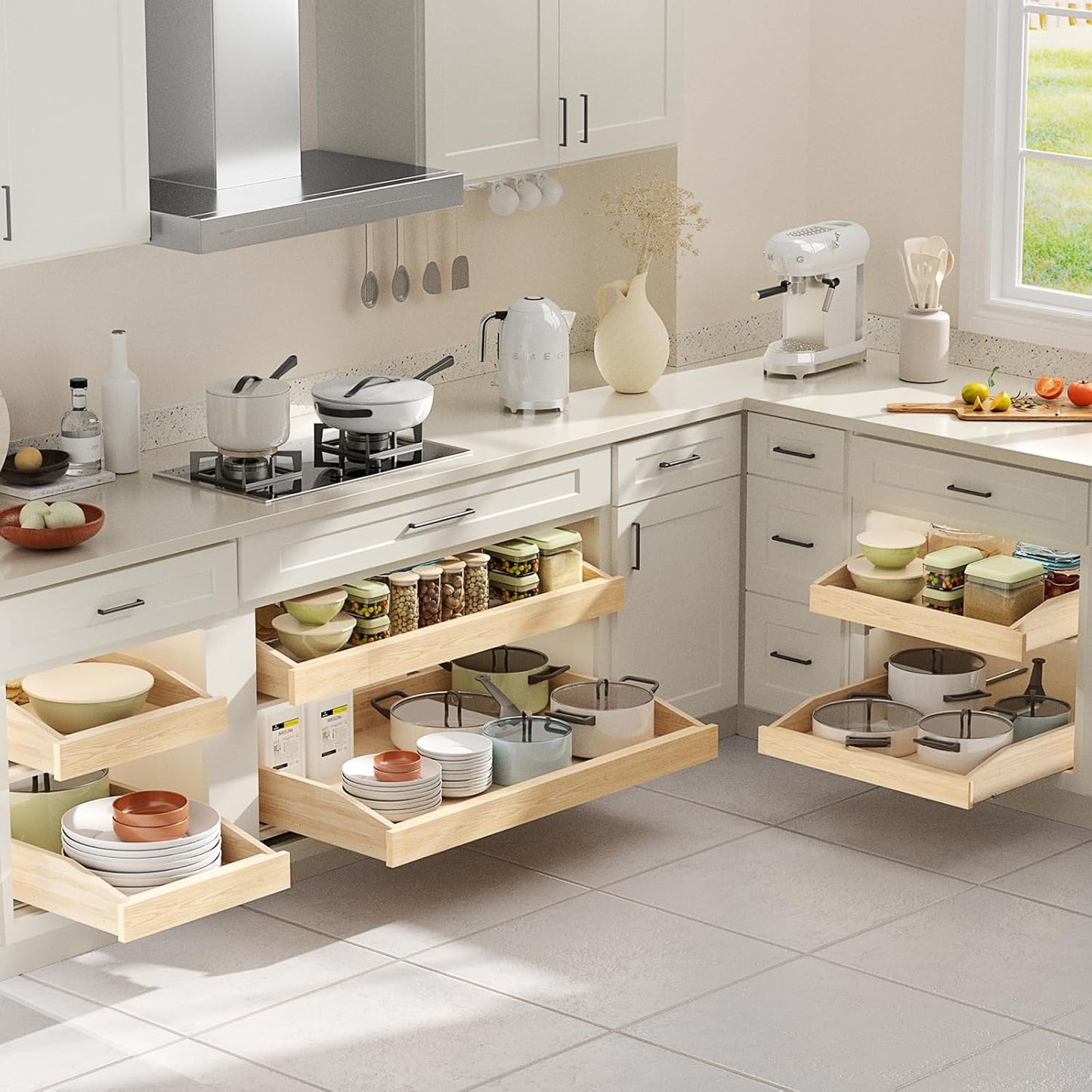 Single Pull Out Organizer 16½”W x 21”D, Soft Close Slide Out Drawer Storage Shelves for Kitchen