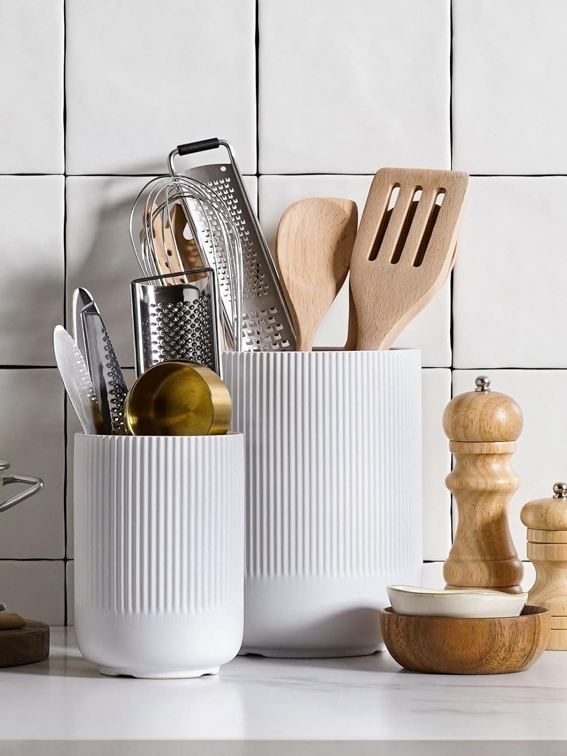 Utensil Holder for Kitchen Counter, 7.3"+5.4" Fluted Ceramic Utensil Crock Organizer for Countertop, Heavy Large Holder for Spatulas, Spoons, Set of 2, White, Kitchen Counter Decor