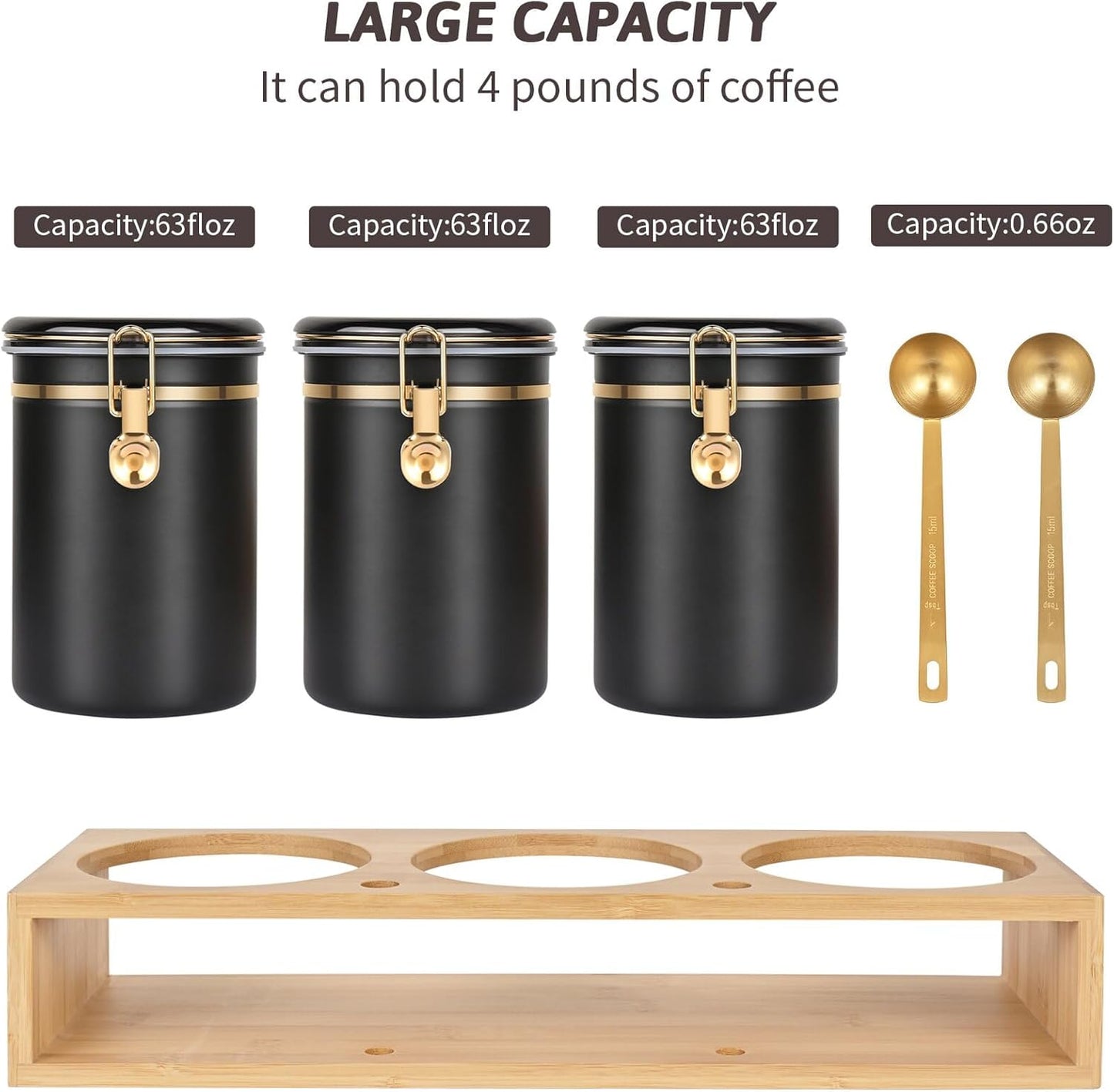 304 Stainless Steel Coffee Canisters for Ground Coffee,3 x 63 OZ Coffee Container with Shelf Coffee Bean Storage, Food Storage Jar with Gold Airtight Locking Clamp and Spoon for Kitchen