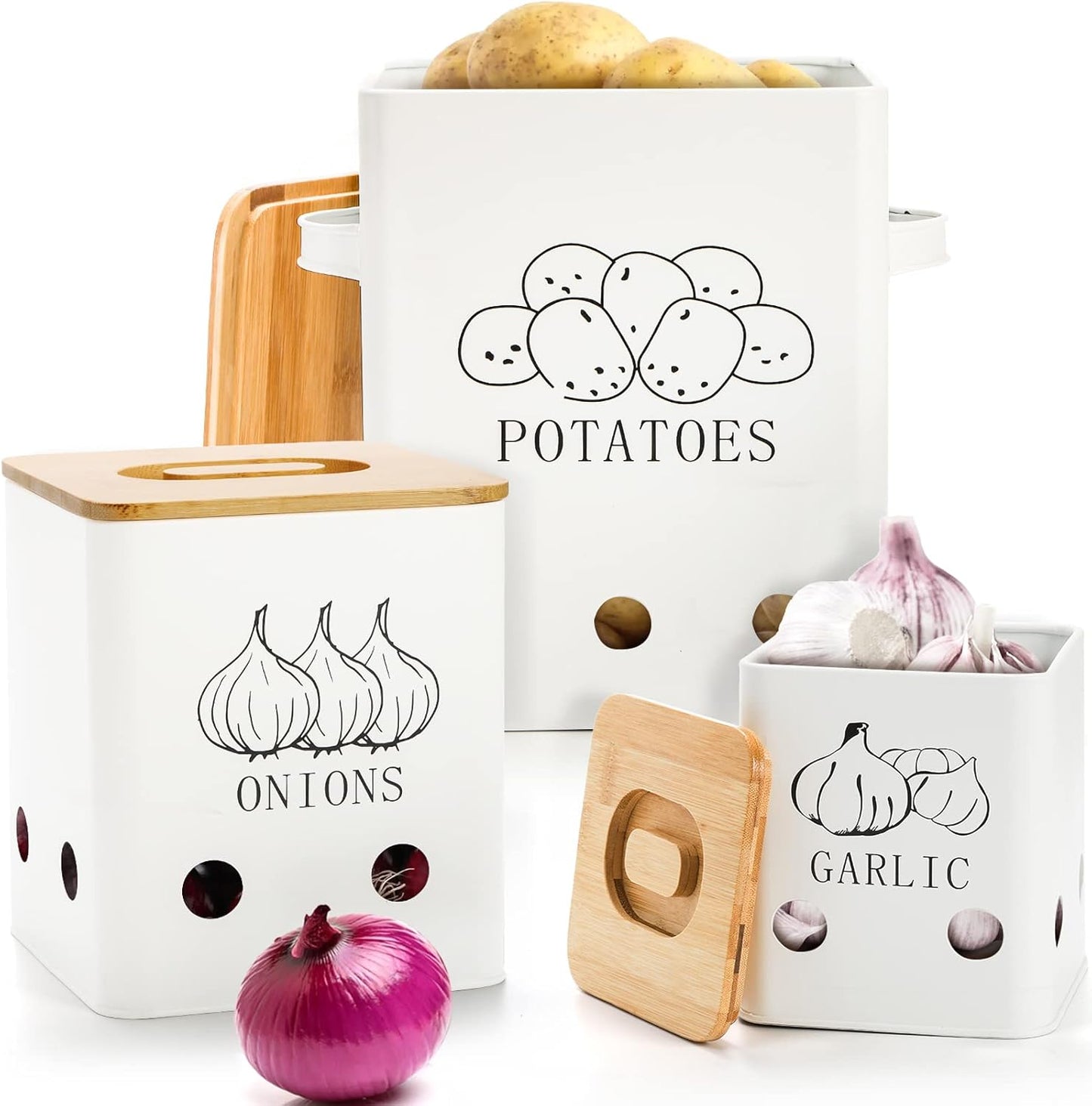 3 Pack Vegetable Storage Tins, Metal Onion Garlic Potato Jars Set