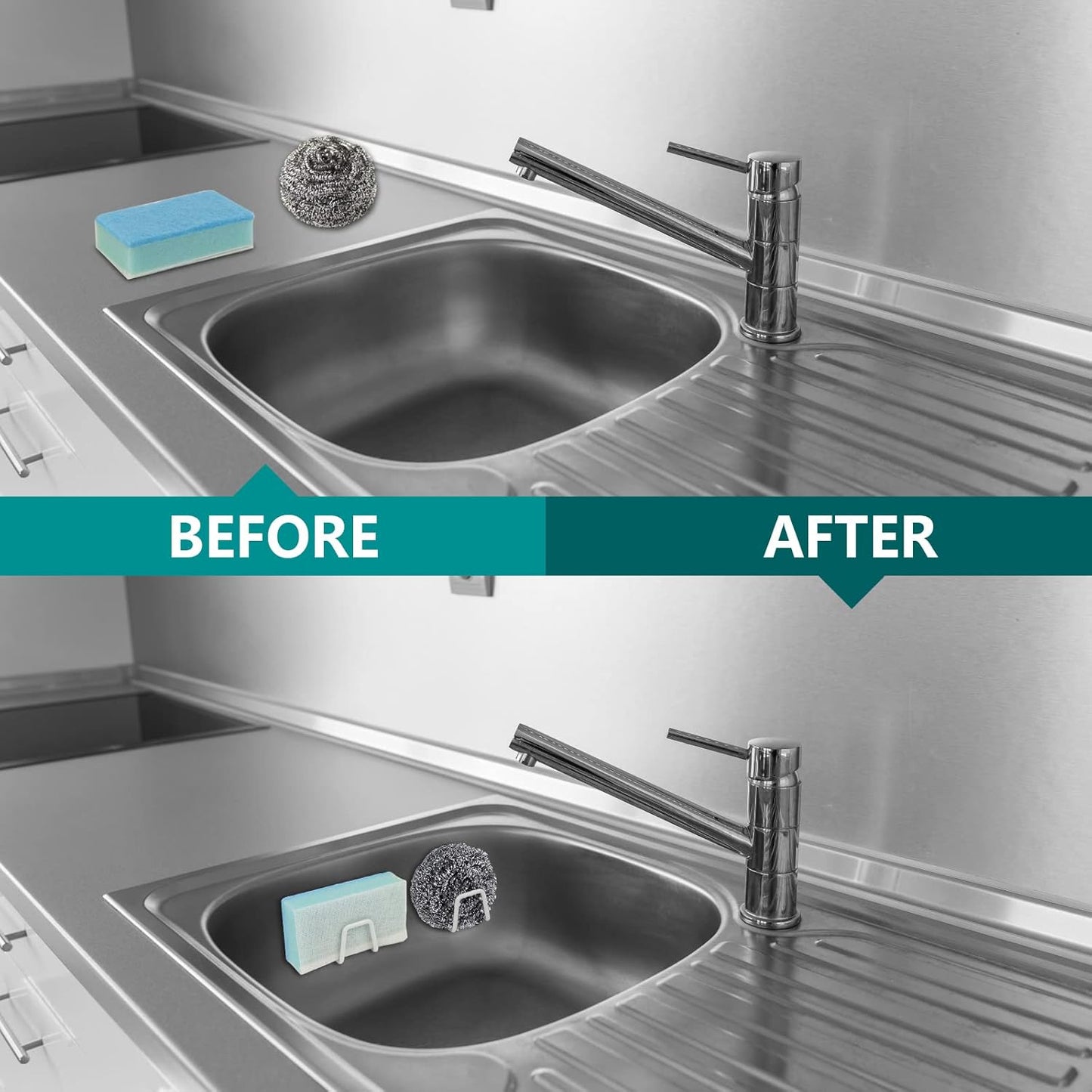 Sponge Holder for Kitchen Sink (2 Pack), Strong Adhesive, SUS304 Stainless Steel