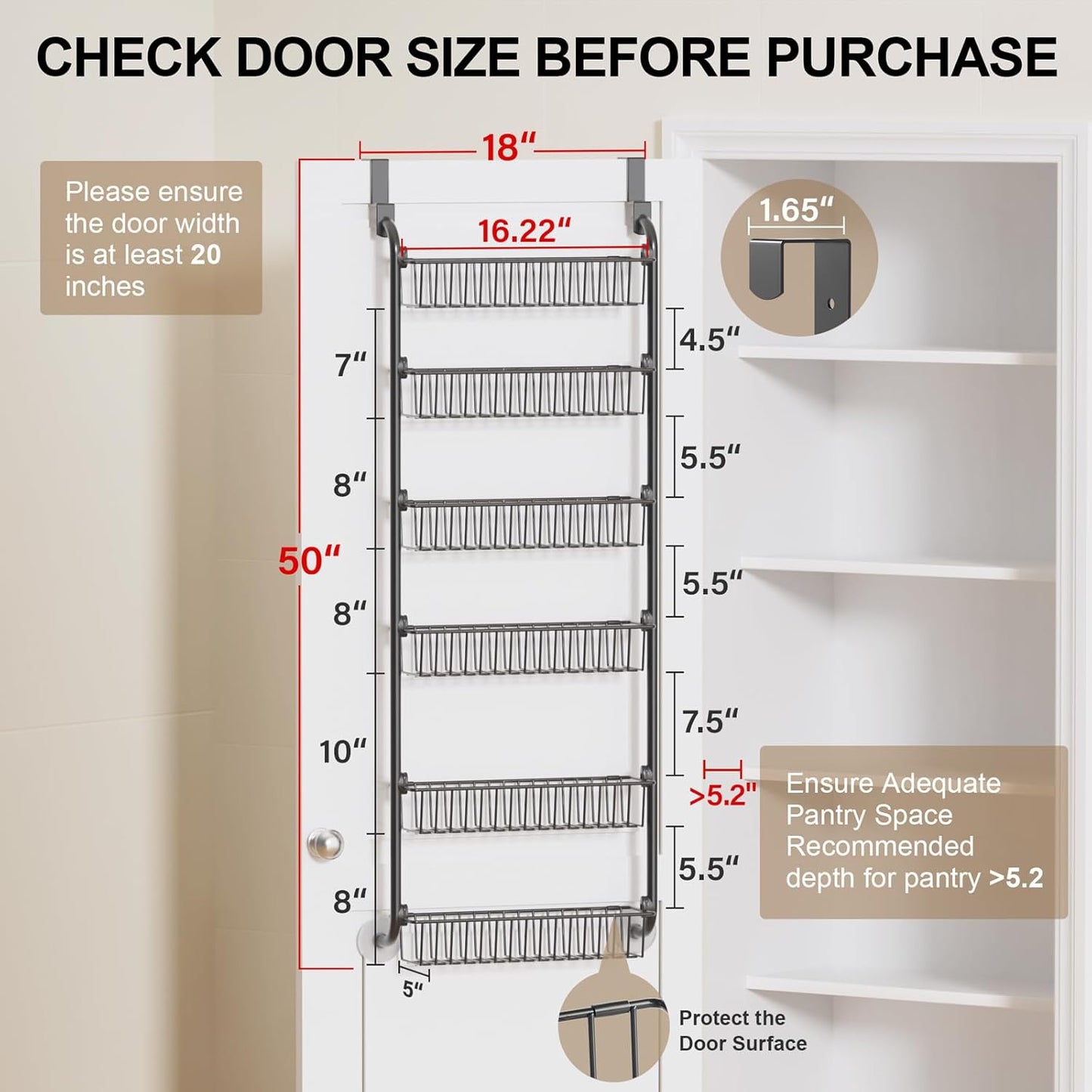 Over the Door Pantry Organizer, 6-Tier Metal Pantry Door Organization and Storage