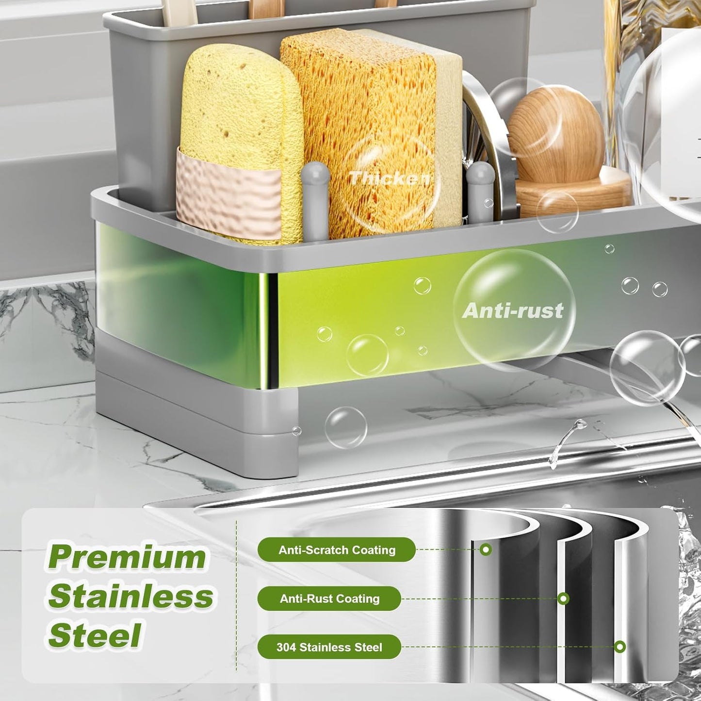 Stainless Steel Sink Caddy, Sponge Holder for Kitchen Sink with Brush Holder Dishcloth Rack