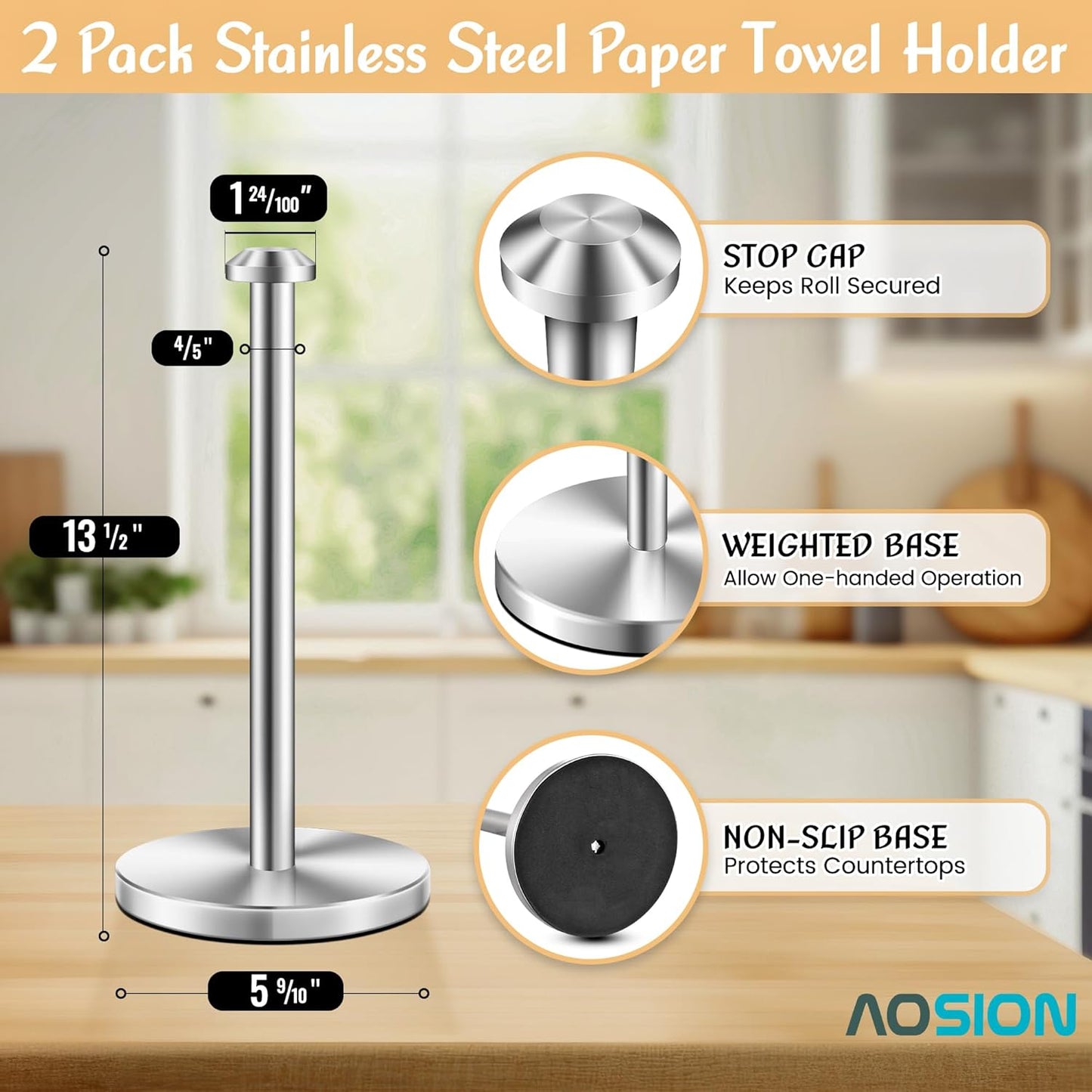 2 Piece Stainless Steel Weighted Paper Towel Holder Countertop
