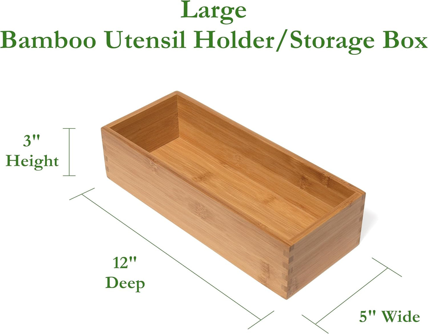 Bamboo Utensil Holder Storage Box for Cooking Tools, Makeup, or Office Supplies, 5" x 12" x 3"