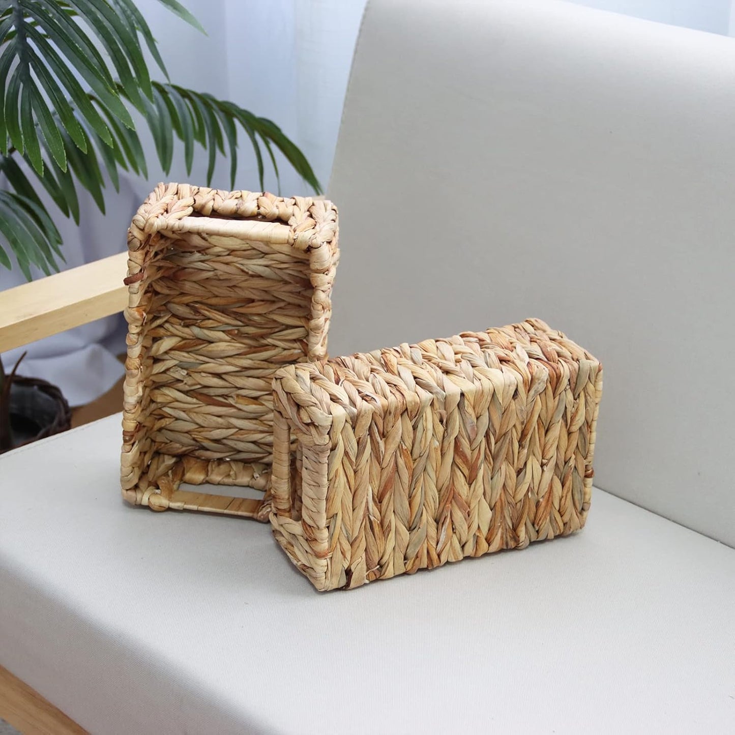 Woven Water Hyacinth Baskets for Organizing, Rectangular Wicker Baskets with Built-in Handles