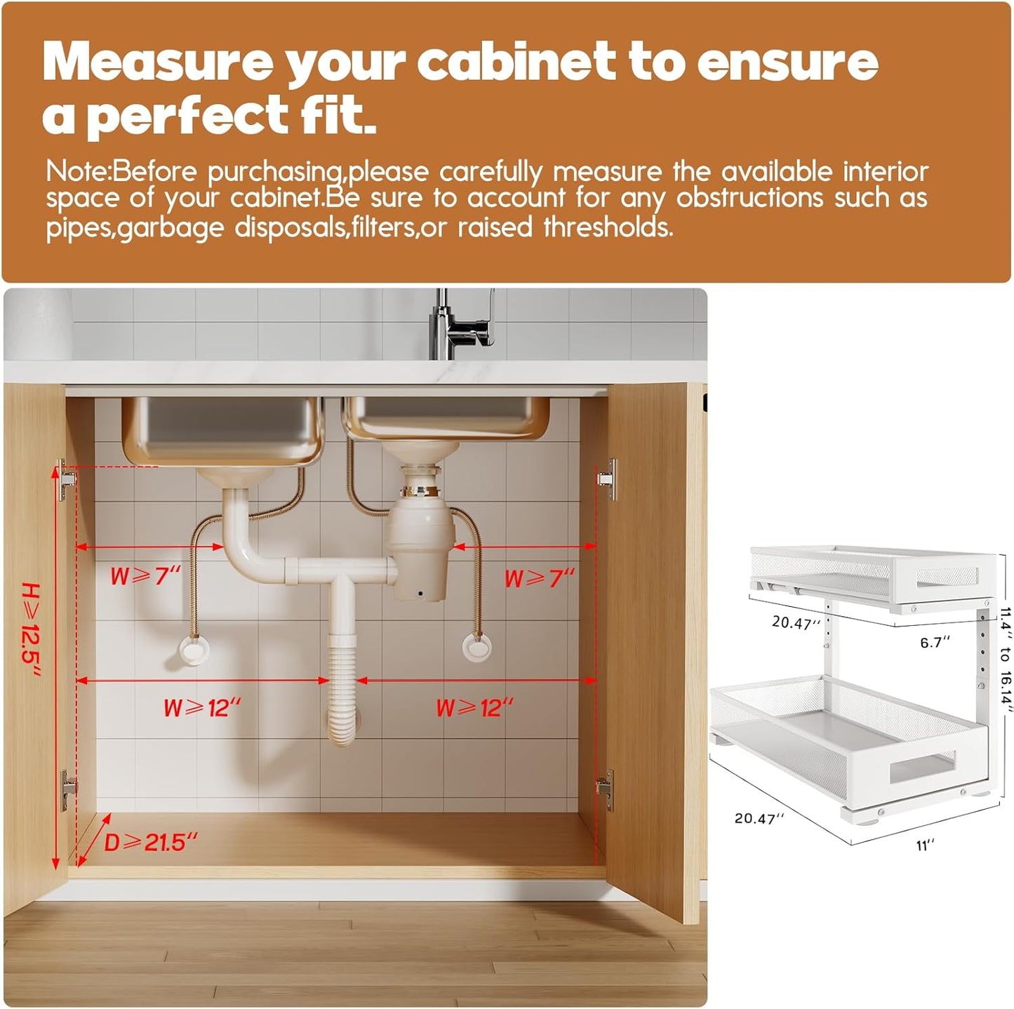 1 Pack 20.47IN Depth Under Sink Storage Organizer