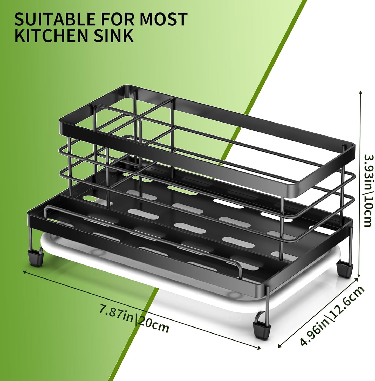 Large Black Sponge Holder for Kitchen, Sink Caddy Sink Organizer Rack for Kitchen Accessories with Drip Tray, Rustproof and Non-slip, Soap Dispenser Countertop Organizer Essentials for New Home