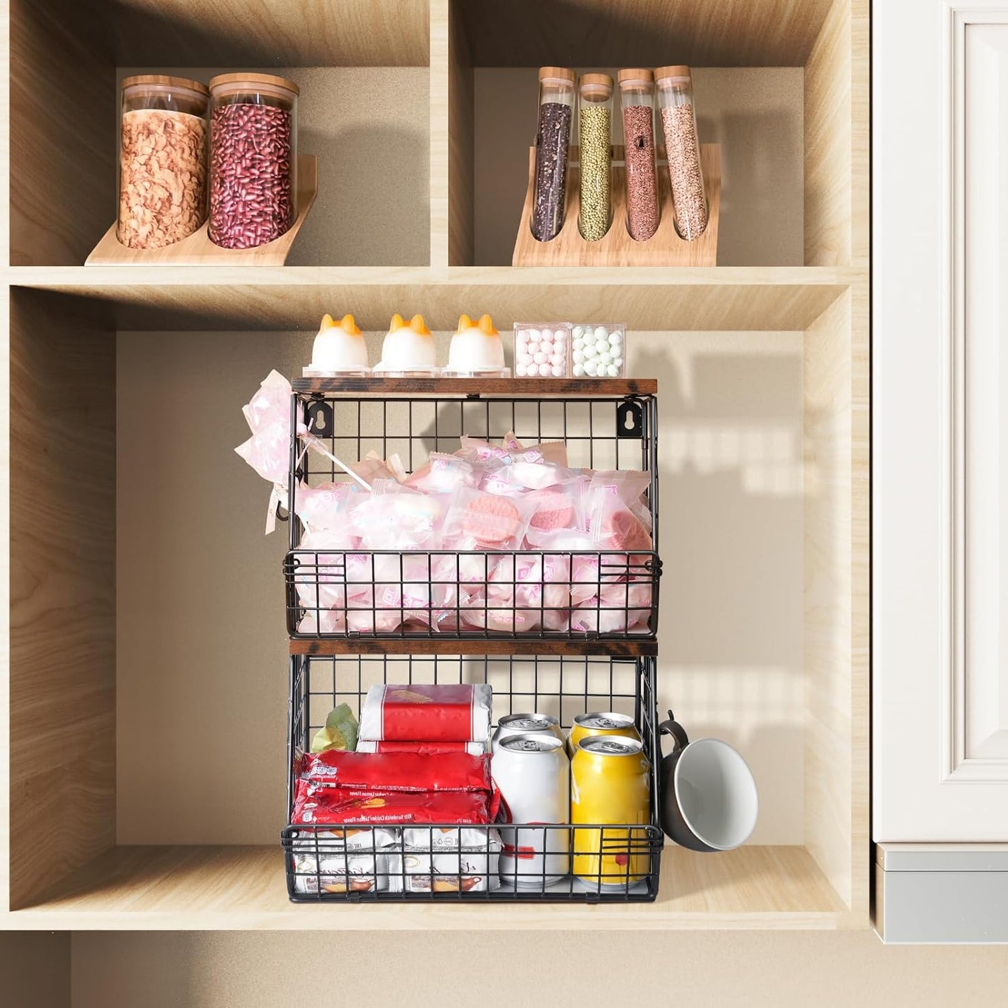 2pcs Fruit Basket Kitchen Storage Basket with Wood Lid