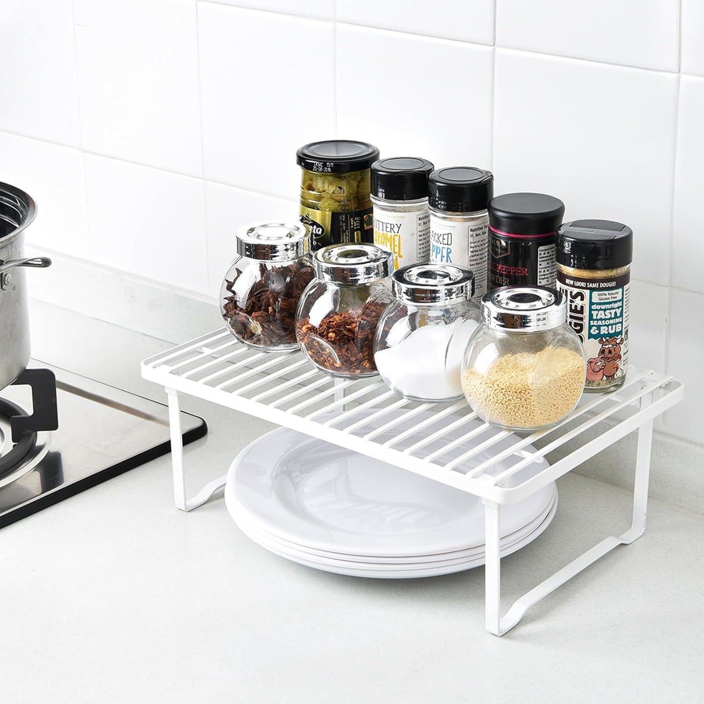 Space-Saving Stackable Metal Kitchen Cabinet Organizer Shelves for Dishes, Pantry Organization